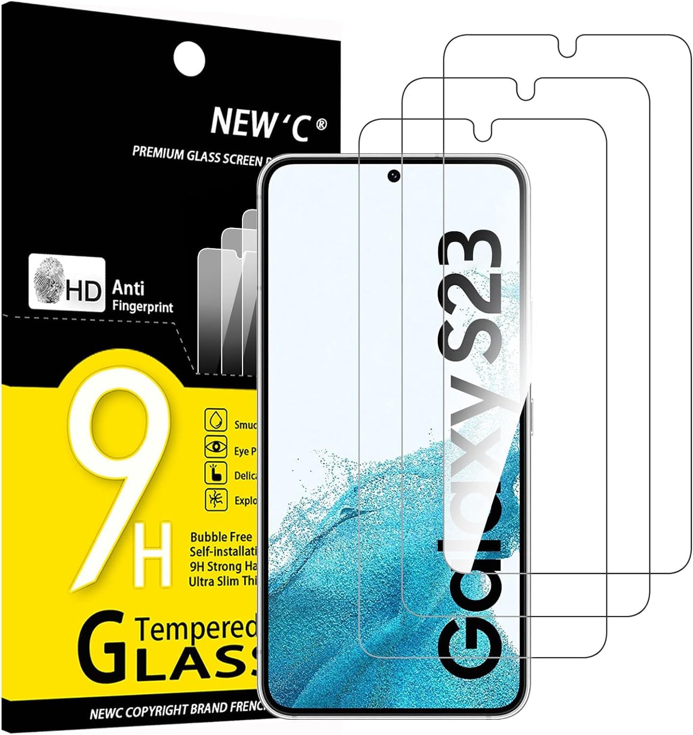 NEW'C 3 Pack, skärmskydd i glas för Samsung Galaxy S23, bubbelfri, 9H hårdhet, 0,33 mm ultratransparent, ultrabeständigt härdat glas