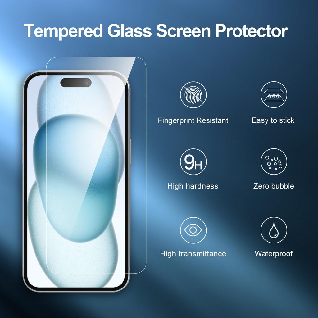 NEW'C 3 Pack, skärmskydd i glas för iPhone 16,15 (6,1 tum), bubbelfri, 9H hårdhet, 0,33 mm ultratransparent, ultrabeständigt härdat glas,Enkel installationsverktyg inkluderat