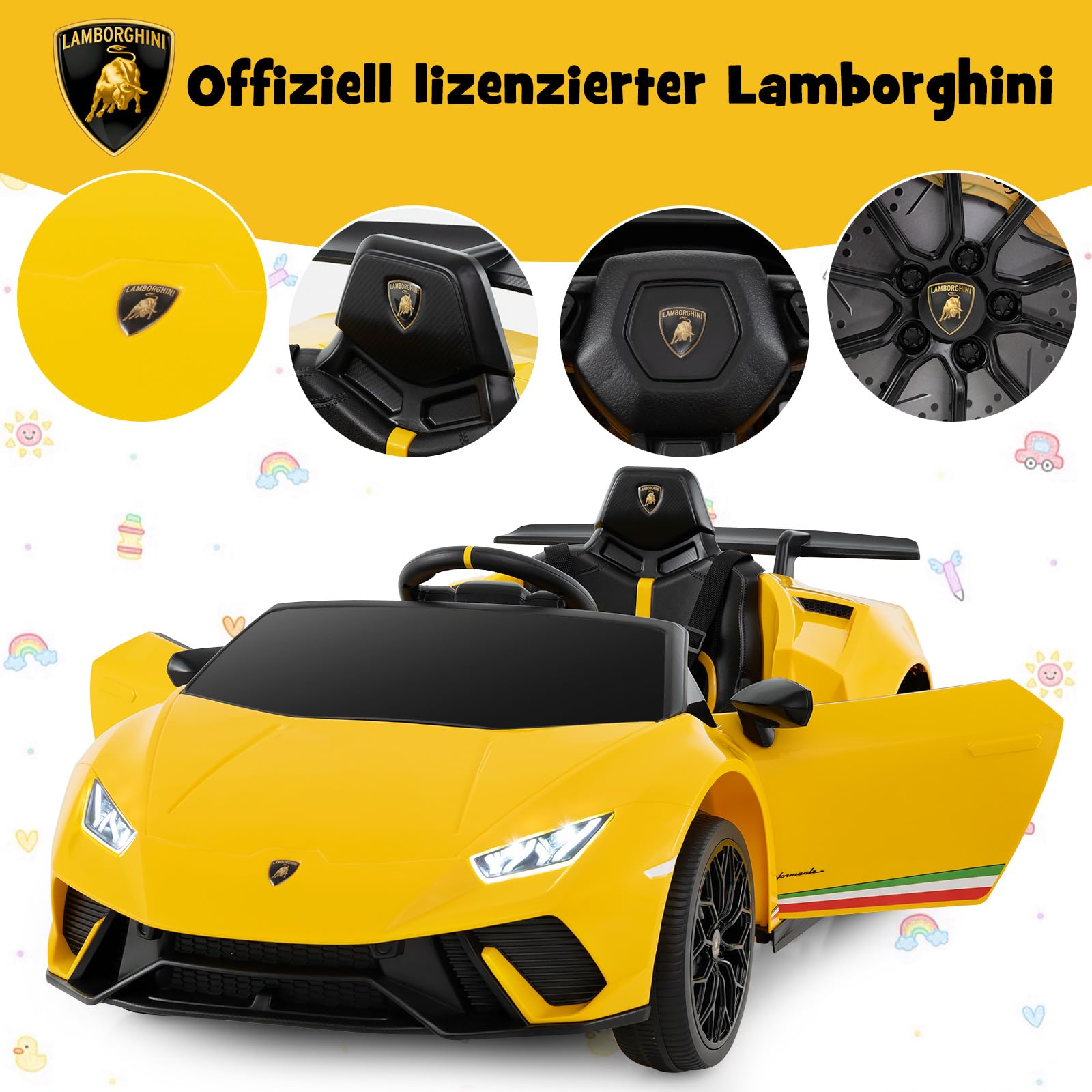 COSTWAY Elektrisk bil Lamborghini, 12 V elektrisk barnbil med fjärrkontroll och LED-lampor och tuta och musik och USB, 3-växlad elfordon 3–5 km/h, elbil för barn från 3 år (gul)