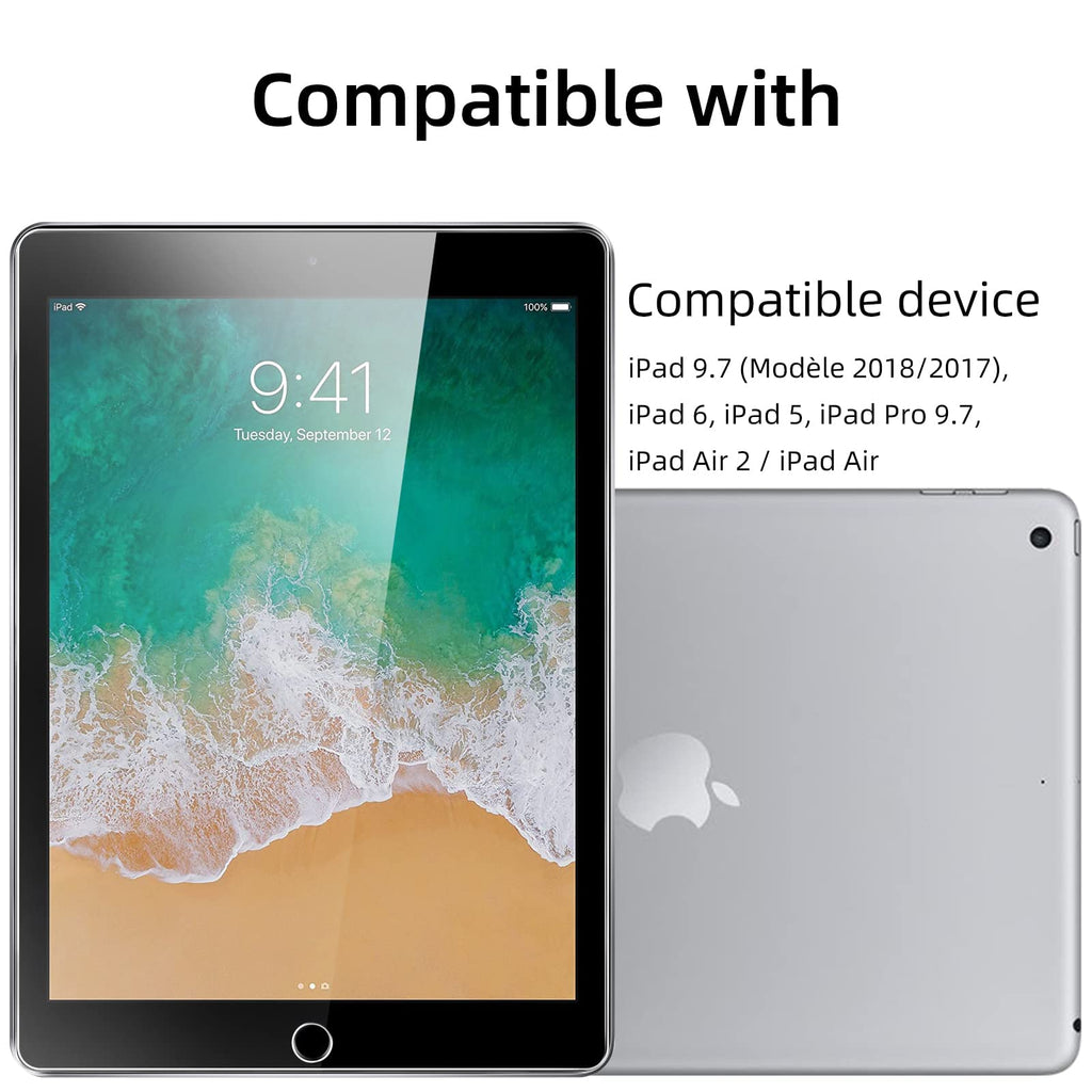 NEW'C 2 pack, Skärmskydd Med iPad 9,7 (modell 2018/2017), iPad 6, iPad 5, iPad Pro 9,7, iPad Air 2 / iPad Air och installationsram ingår – Härdat Glas HD klar 9H hårdhet bubbelfritt