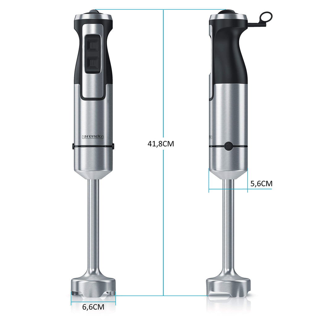 Arendo – stavmixer 1 000 watt rostfritt stål set – fyrbladig kniv – puréstav – steglös hastighetskontroll – turboknapp – avtagbar mixfot