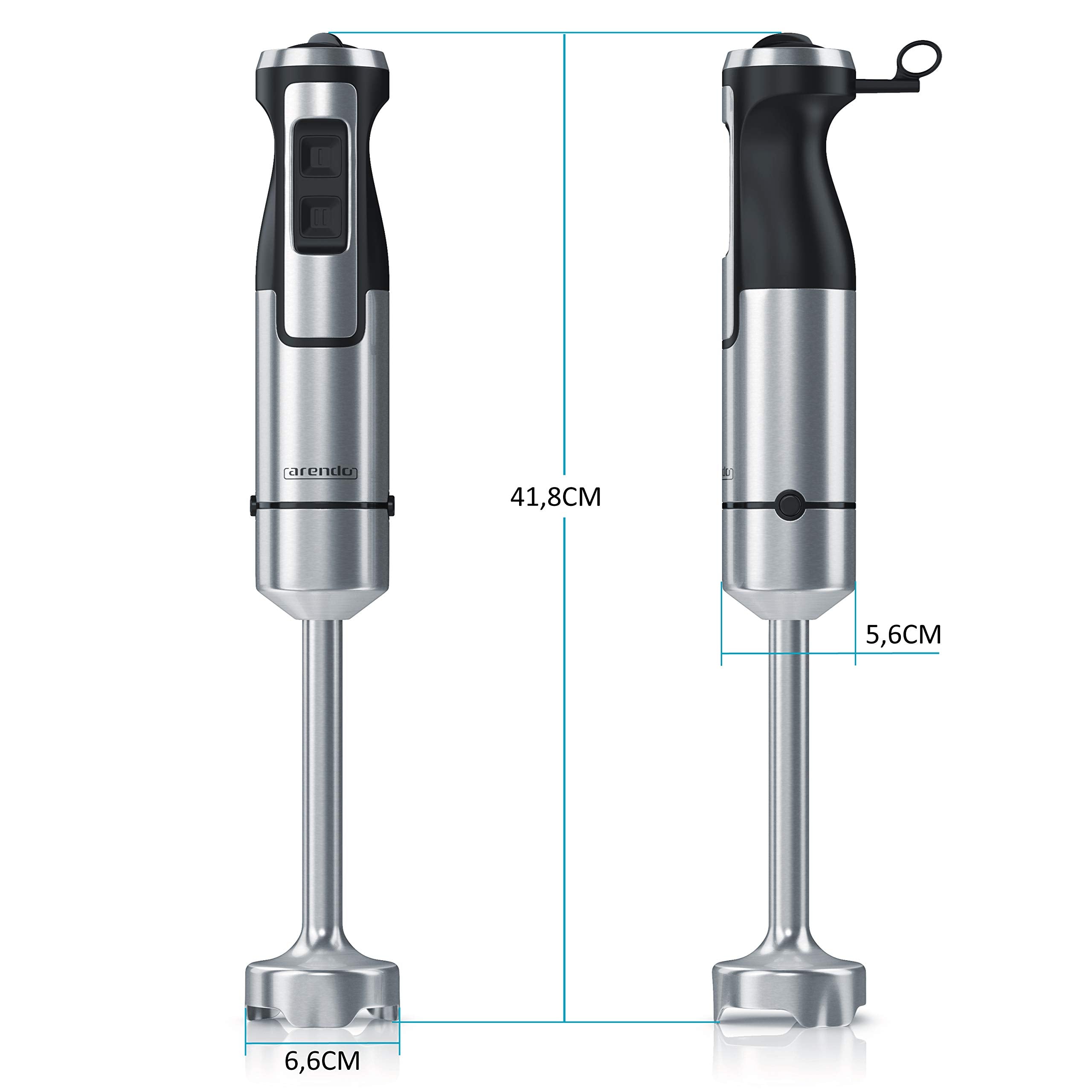 Arendo – stavmixer 1 000 watt rostfritt stål set – fyrbladig kniv – puréstav – steglös hastighetskontroll – turboknapp – avtagbar mixfot
