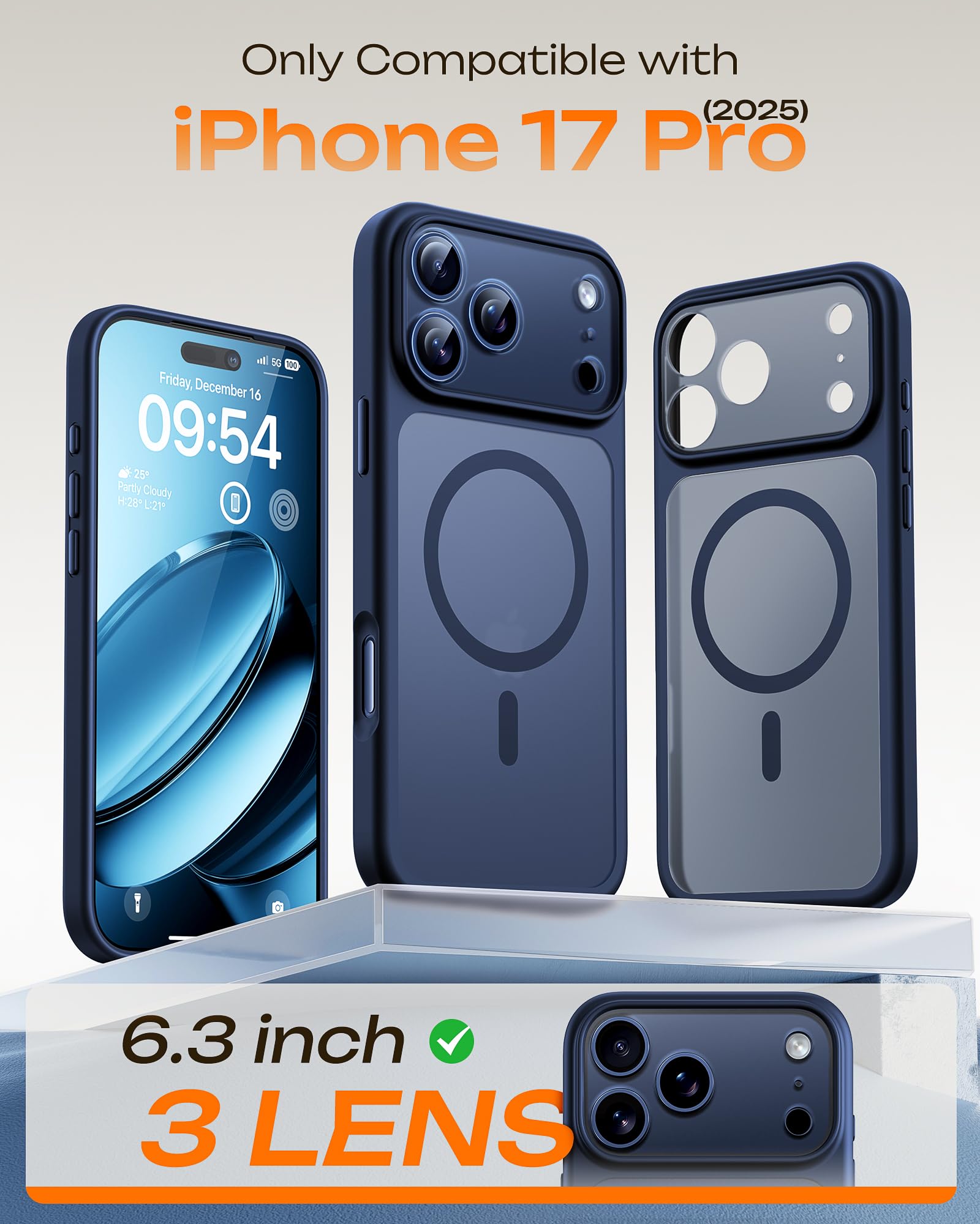 TOCOL Skal för iPhone 17 Pro, Kameraskydd, Integrerad Magnetring, Kompatibel med Magsafe, Fallskydd, Genomskinlig Matt Baksida, Mörkblå