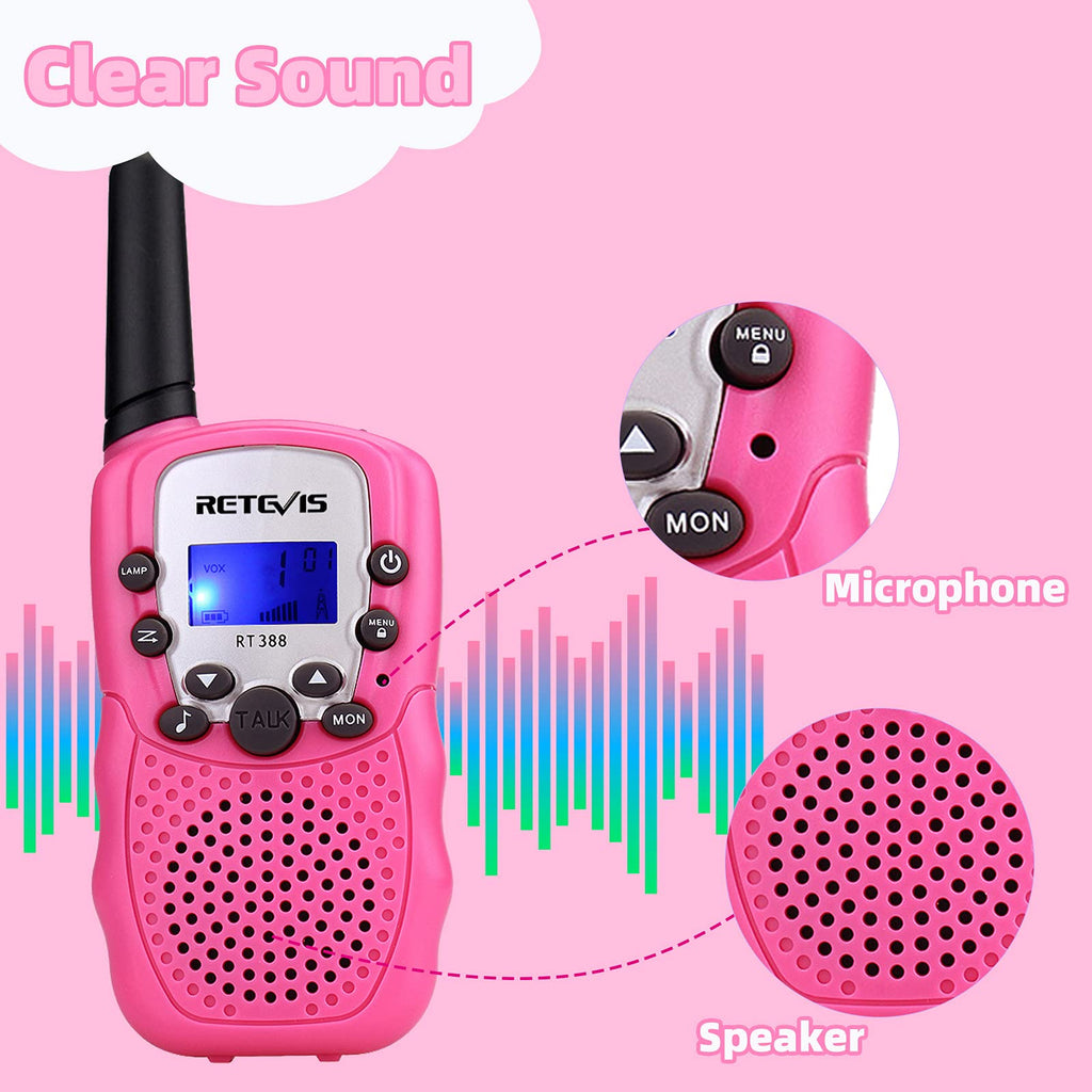 Retevis RT388 Walkie Talkie Pojkar Flickor, 8-Kanaler Lcd-SkäRm Vox-Funktion 10 Samtalstoner Inbyggd Ficklampa Leksak Spresent för Campinglov Skolaktiviteter (Rosa, 1 Par)