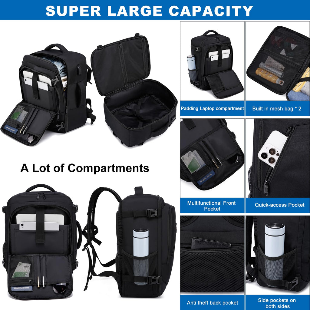 Handbagage Ryggsäck 40x30x20 för Ryanair Wizair Vueling 24L 40x30x20 Ryggsäck för Kabinbagage Under Sätet Reseryggsäck Handbagage med Laptopfack 14 tum Resryggsäck för Flygplan，Svart