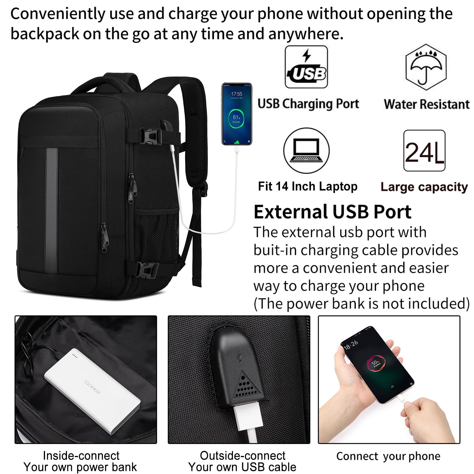 Handbagage Reseryggsäck 40x30x20 Kabinbagage 40x30x20 för Ryanair Wizzair, Under Säte Kabinväska Reseryggsäck med USB-laddningsport Laptopryggsäck14 tum Kabinväska för Män Kvinnor, Svart