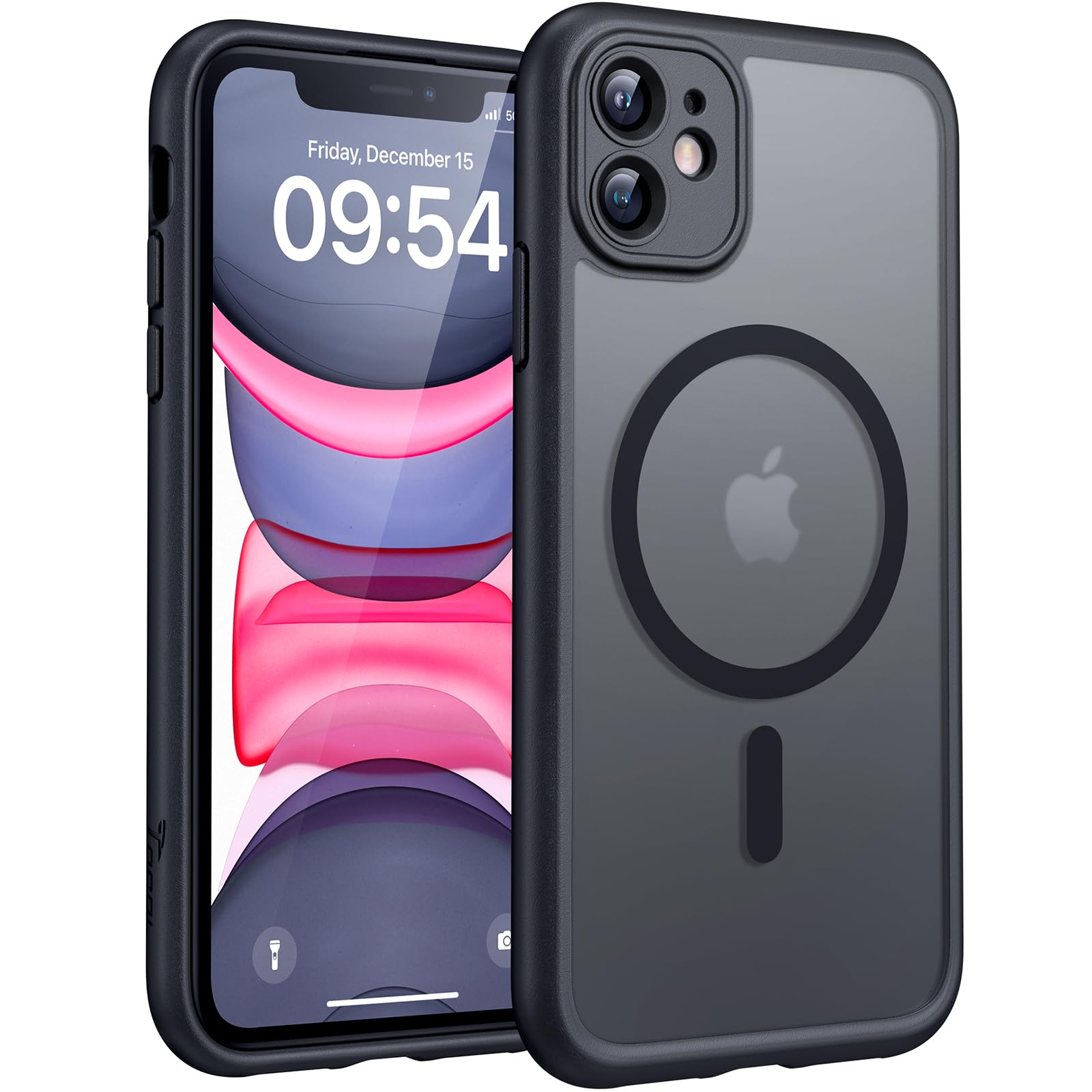 TOCOL Skal för iPhone 11, Kameraskydd, Integrerad Magnetring, Kompatibel med Magsafe, Fallskydd, Genomskinlig Matt Baksida, Svart Titan