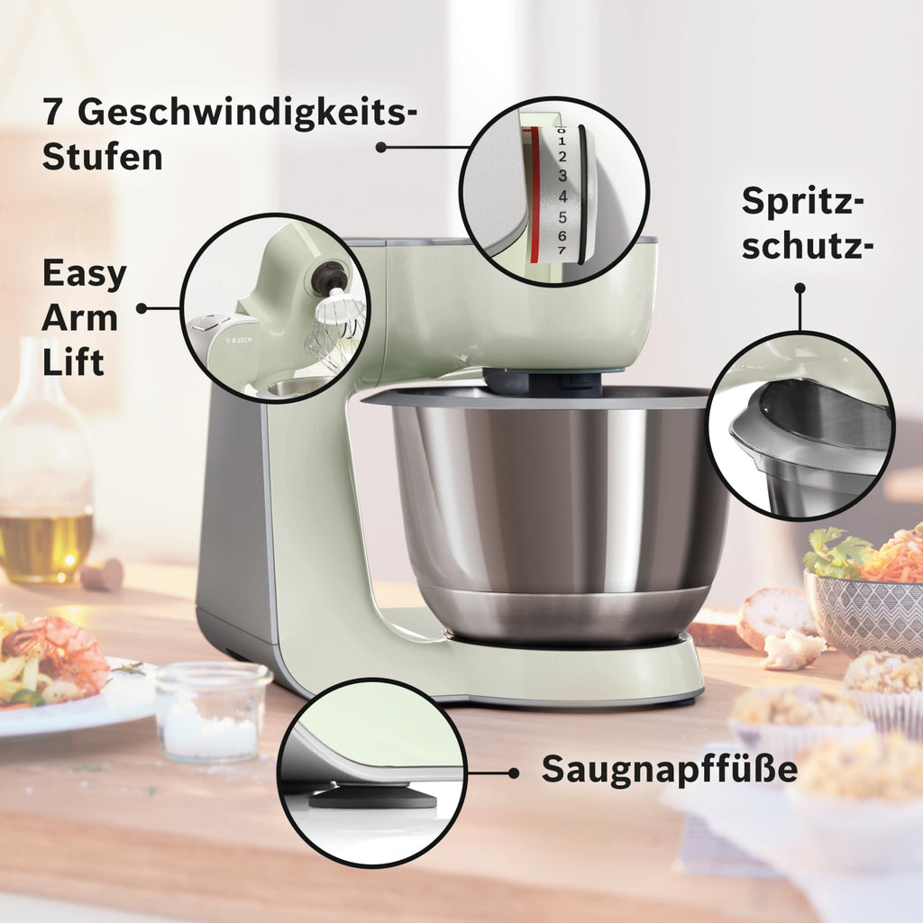 Bosch Köksmaskin MUM5 1000 Watt Grå - Mjukstart för Minskat Stänk - 3D PlaneteryMixing Efterliknar Handknådning - 7 Hastigheter - Diskmaskinssäkra Delar - BPA-Fria Plastmaterial - MUM58L2