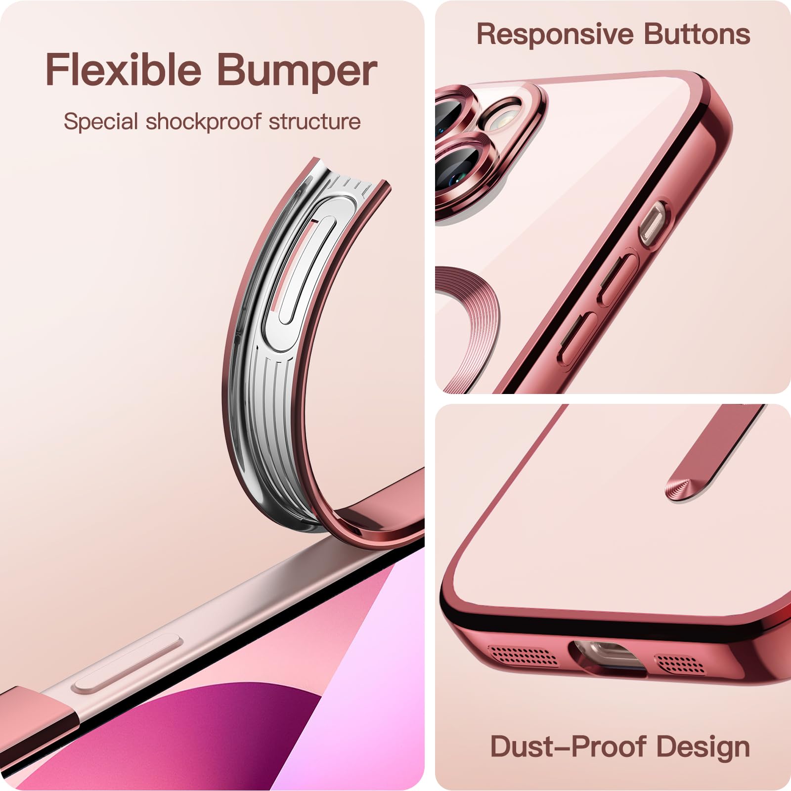 JETech Mjuk Klar Skal för iPhone 13 6,1-Tum, Kameralinsskydd Full Skydd, Kompatibel med MagSafe Trådlös Laddning, Stötsäker Elektropläterad TPU Telefon Case (Różowy)