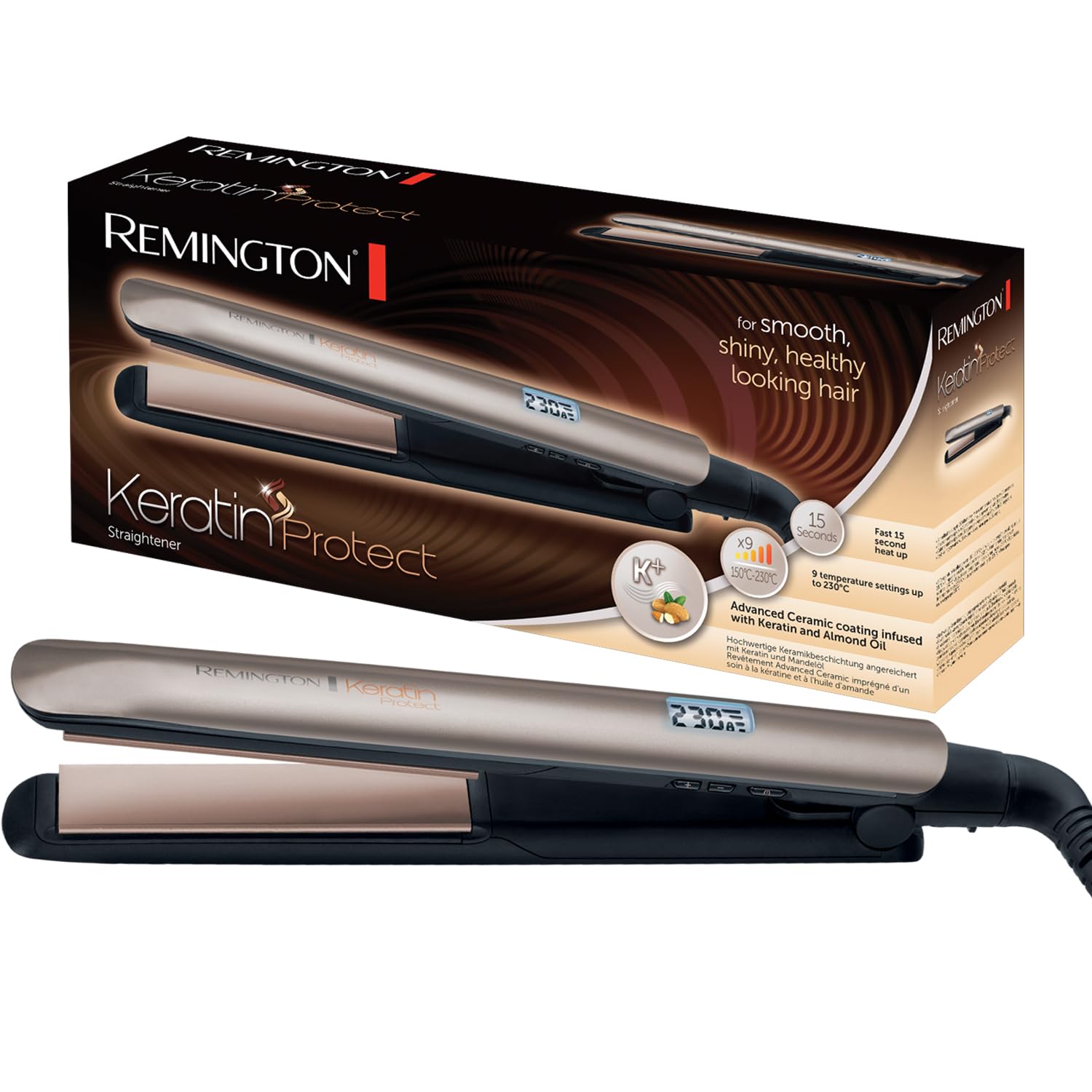 Remington Plattång med högkvalitativ keramikbeläggning berikad med keratin och mandelolja, LCD-display, 10 temperaturinställningar 150-230°C, Keratin plattång S8540