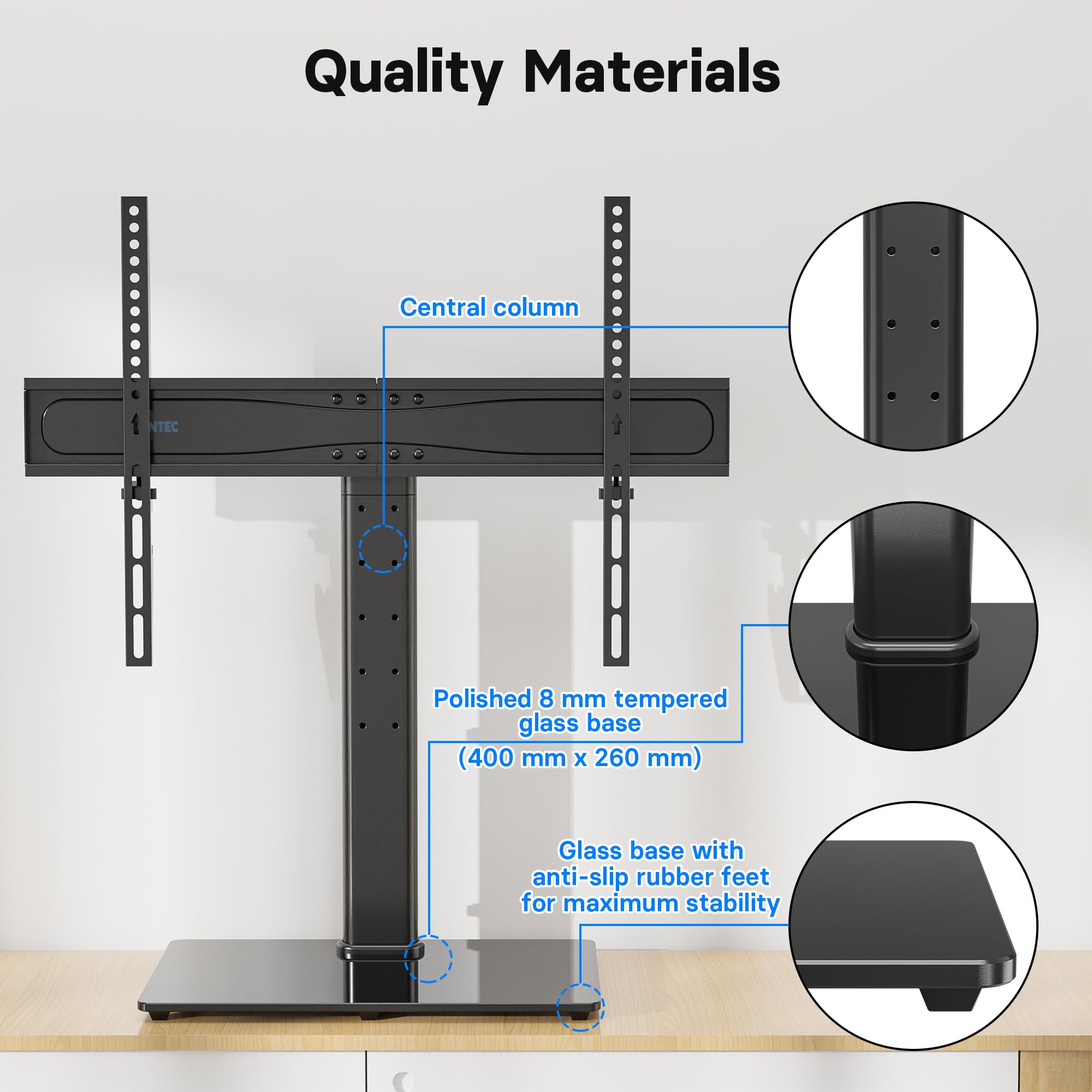 BONTEC Universellt Bordsskiva Piedestal TV Stativ med Fäste för 26"-65" LCD/LED/Plasma-TV – Höjdjusterbart Stativ med 8mm Härdat Glasbas och Kabelhantering–Stöder upp till 45kg och Max. VESA 600x400mm