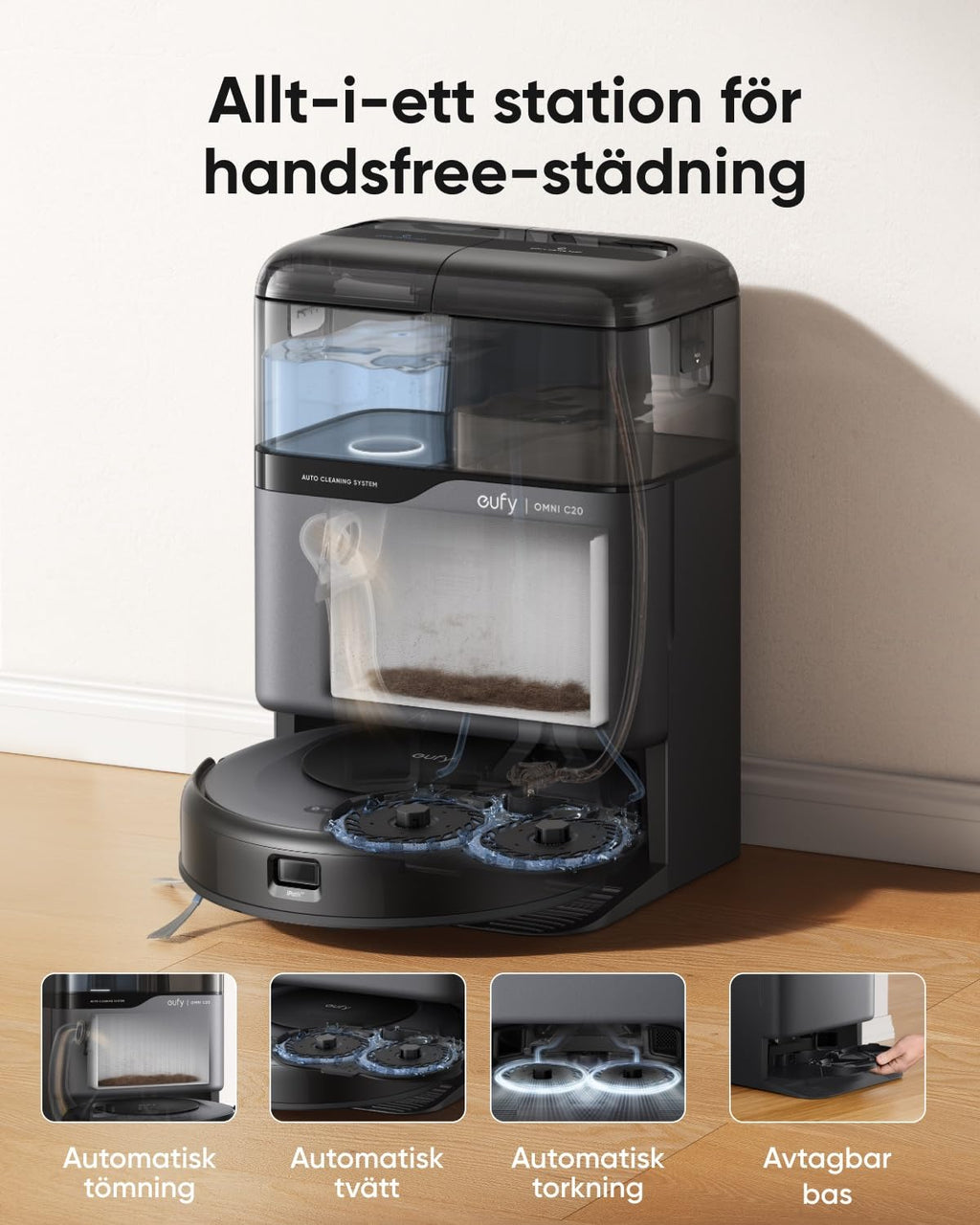eufy Robotdammsugare Omni C20 med Allt-i-ett-station, Auto Emptying, Mop Washing och Drying för Hands-Free Cleaning, 7,000 Pa Kraftfull sugkraft, 8,5 cm ultratunn kropp, Robotdammsugare och Mop Combo
