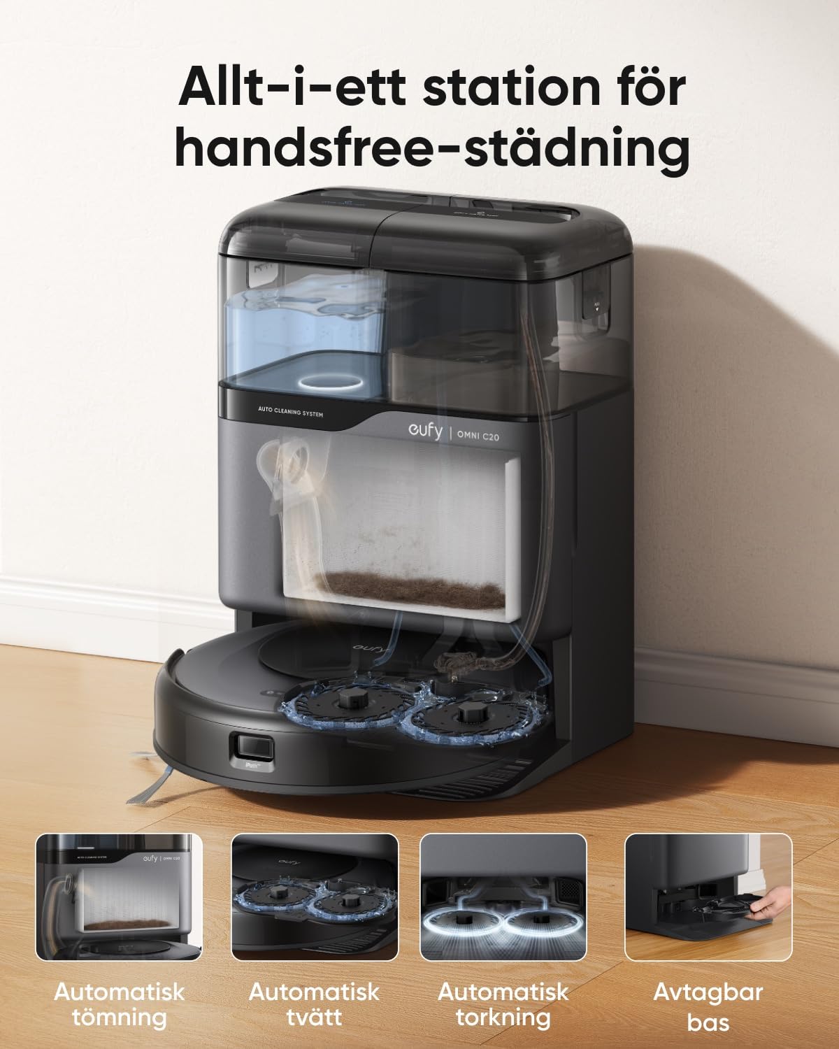 eufy Robotdammsugare Omni C20 med Allt-i-ett-station, Auto Emptying, Mop Washing och Drying för Hands-Free Cleaning, 7,000 Pa Kraftfull sugkraft, 8,5 cm ultratunn kropp, Robotdammsugare och Mop Combo