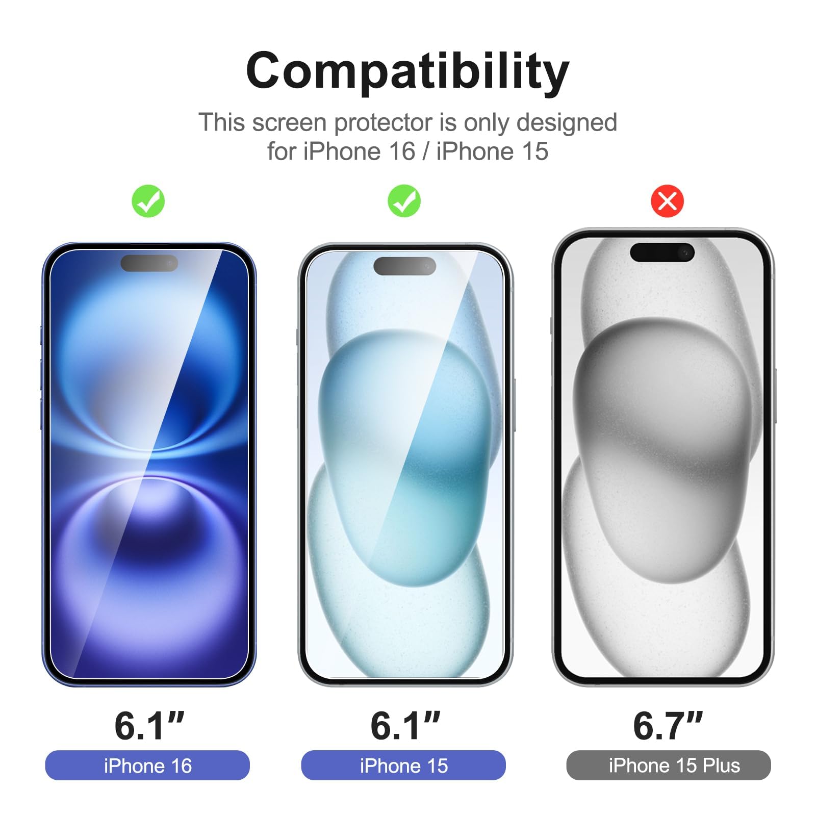 NEW'C 3 Pack, skärmskydd i glas för iPhone 16,15 (6,1 tum), bubbelfri, 9H hårdhet, 0,33 mm ultratransparent, ultrabeständigt härdat glas,Enkel installationsverktyg inkluderat