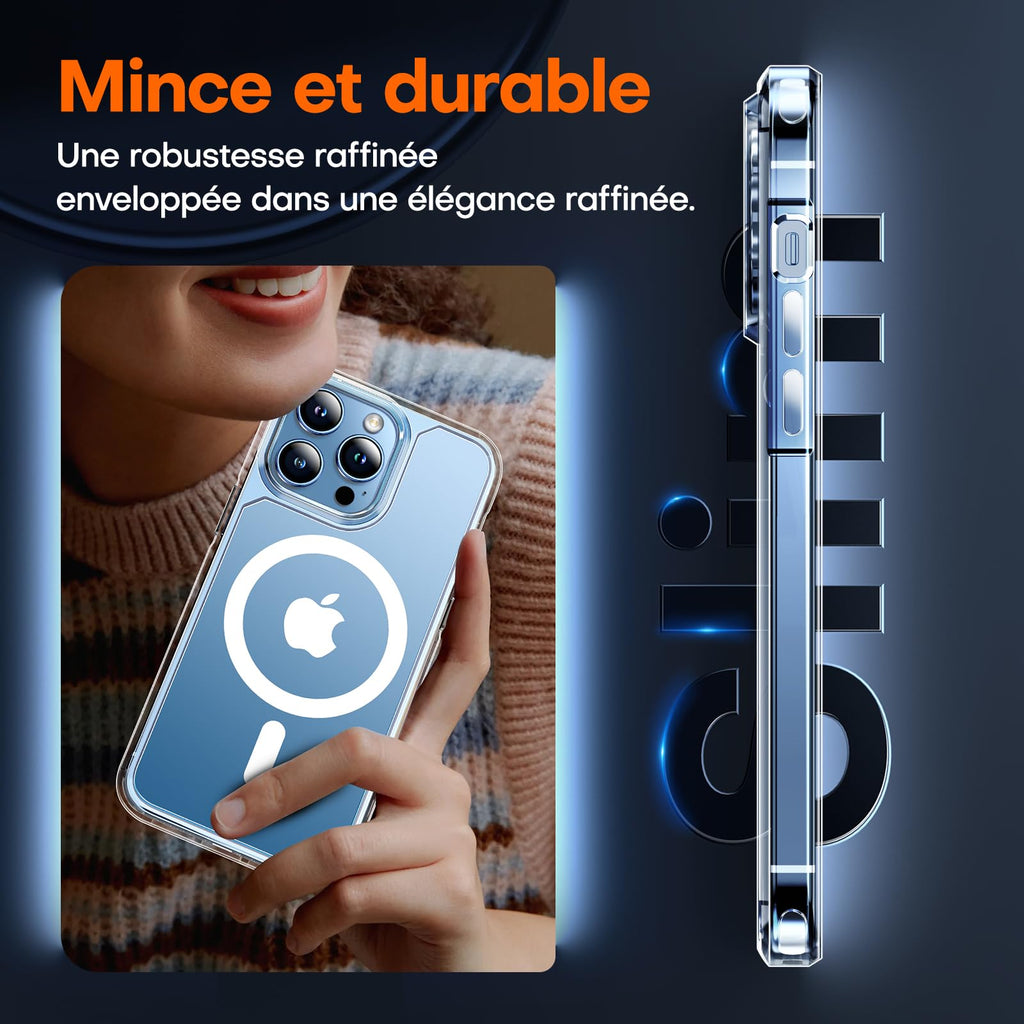 TAURI för iPhone 13 Pro Skal 6.1-Tum med Härdat Glas Skärmskydd, Kompatibelt med MagSafe, Militär kvalitet, [Icke-Gulning] Magnetisk Mobilskal Case - Klar