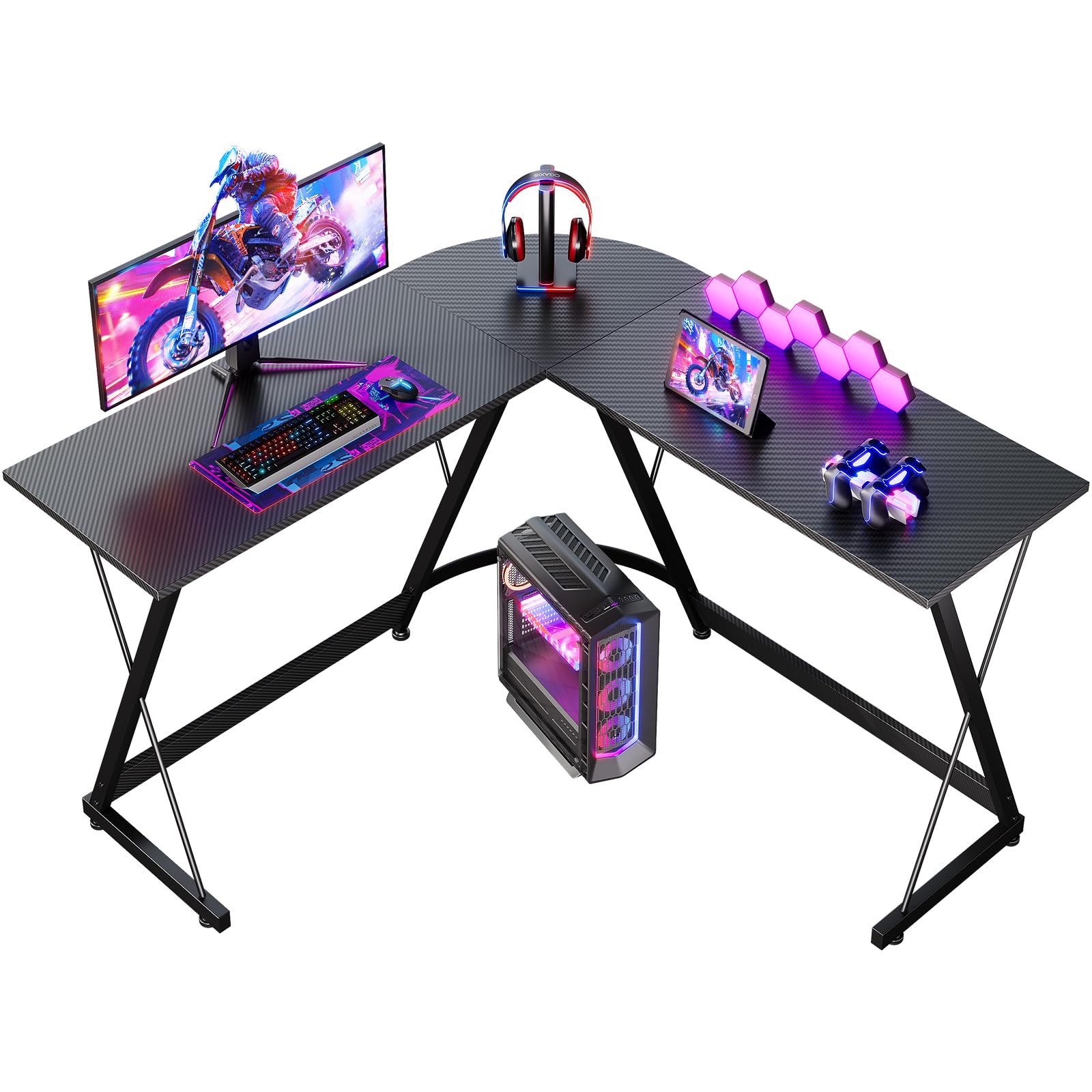 ODK L-format Skrivbord, Gamingbord Datorskrivbord Kontorsskrivbord med Runt Hörn, Spelbord för Gaming, Hemmakontor (Svart kolfiber, 120x120cm)