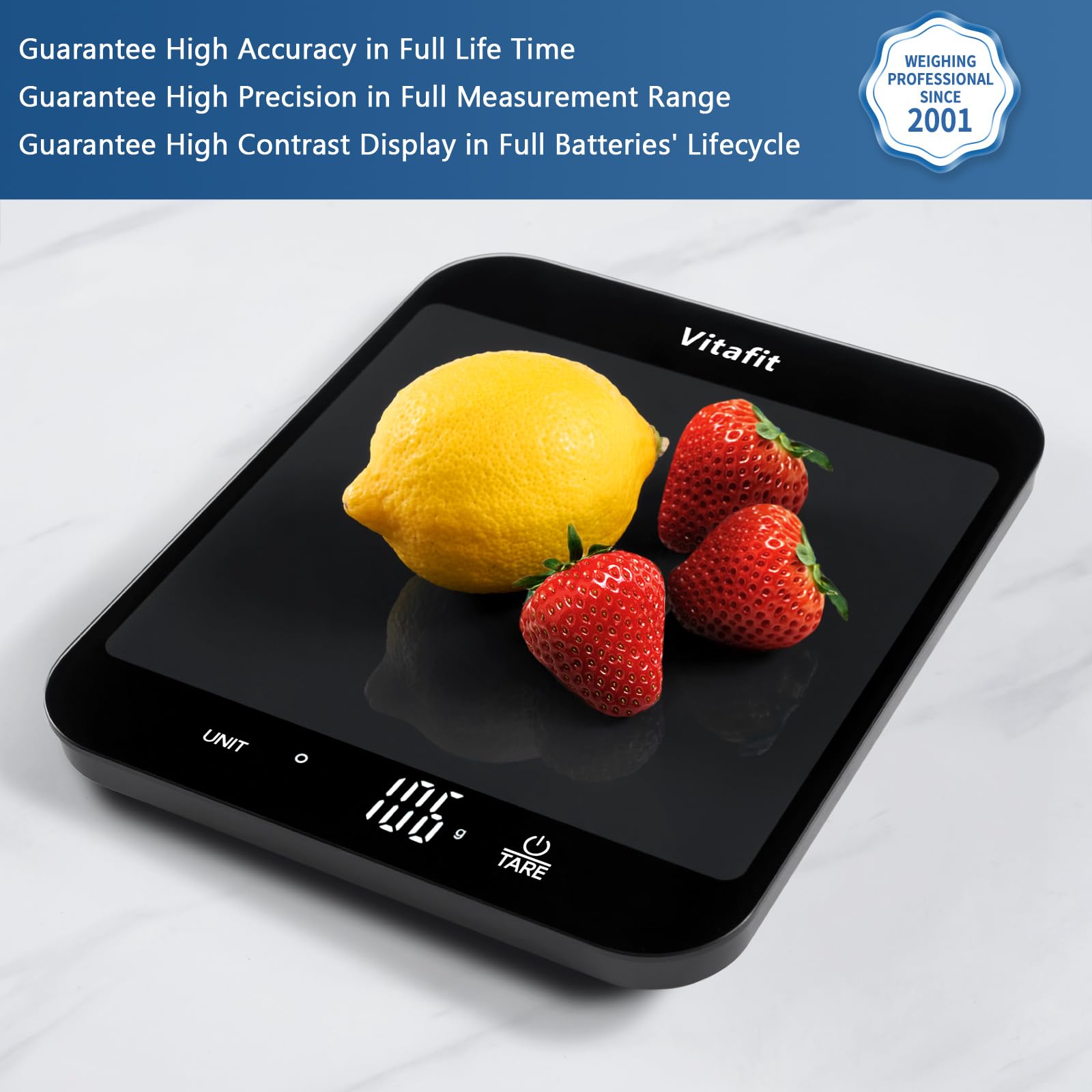 Vitafit 15kg digital köksvåg, Hög Noggrannhet 1g av Vår Professionella Fabrik Sedan 2001, Matvåg för Matlagning och Bakning, Stor Plattform 215x180mm, 3*AAA-Batterier, Svart
