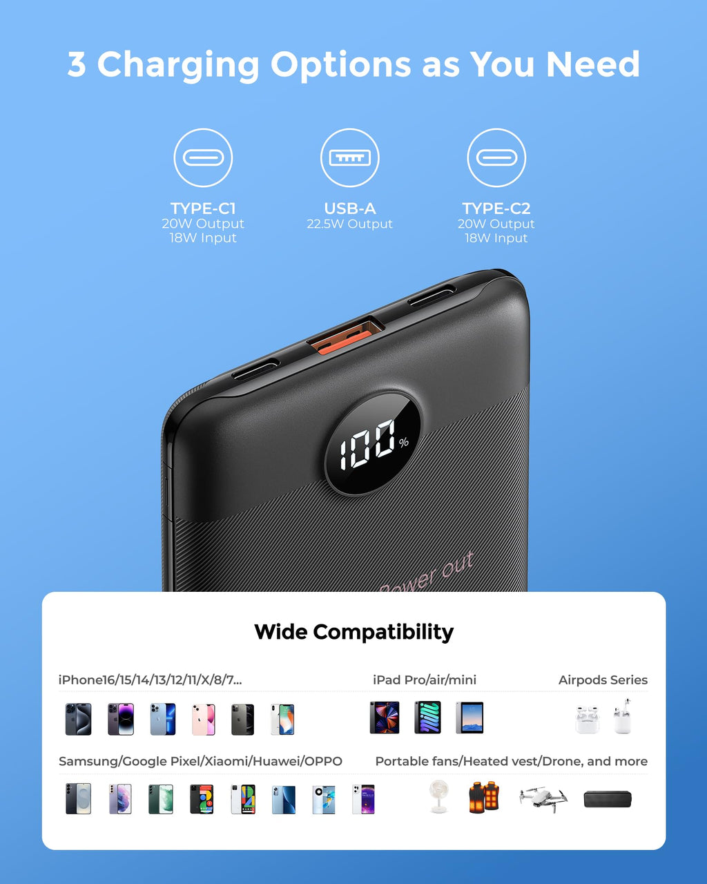 VEEKTOMX Mini Power Bank 10000mAh 22,5W bärbar laddare USB C PD QC 3.0 Snabbladdning Kompakt Externt Batteri med 2 utgångar och LED-display kompatibel iPhone 14 pro/Galaxy S22/Xiaomi/Google/DJI
