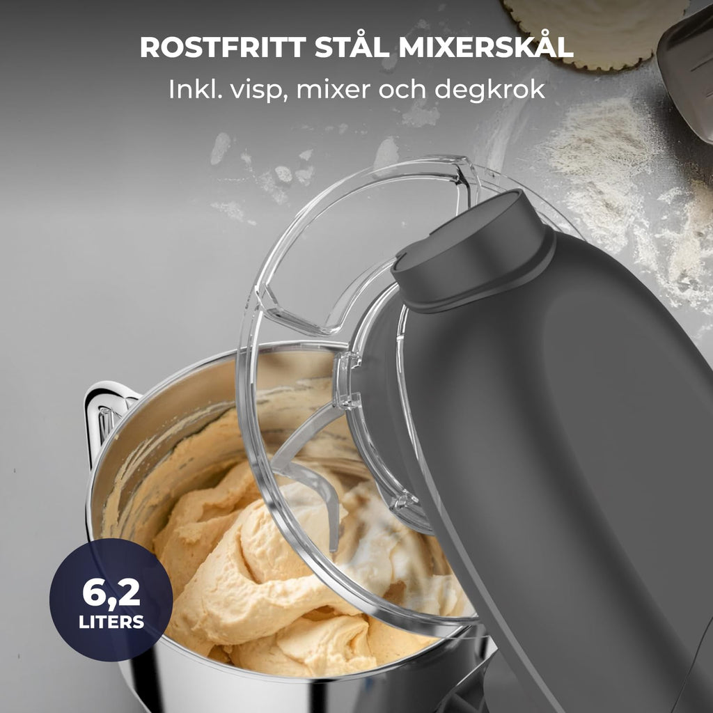6 in 1 Matberedare – 2000W – Med Köttkvarn, 1,5L Blender,Grönsaksskärare och Extra Tillbehör – Köksmaskin med Mixerskål 6.2L, Omrörarkrok, Degkrok, Visp och Stänkskydd (Antracit)