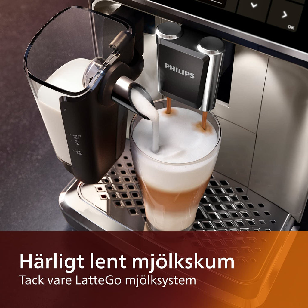 PHILIPS 5400 Series Helautomatisk Espressomaskin - LatteGo Mjölksystem, 12 Kaffevarianter, Intuitiv Skärm, 4 Användarprofiler, Krom (EP5447/90)