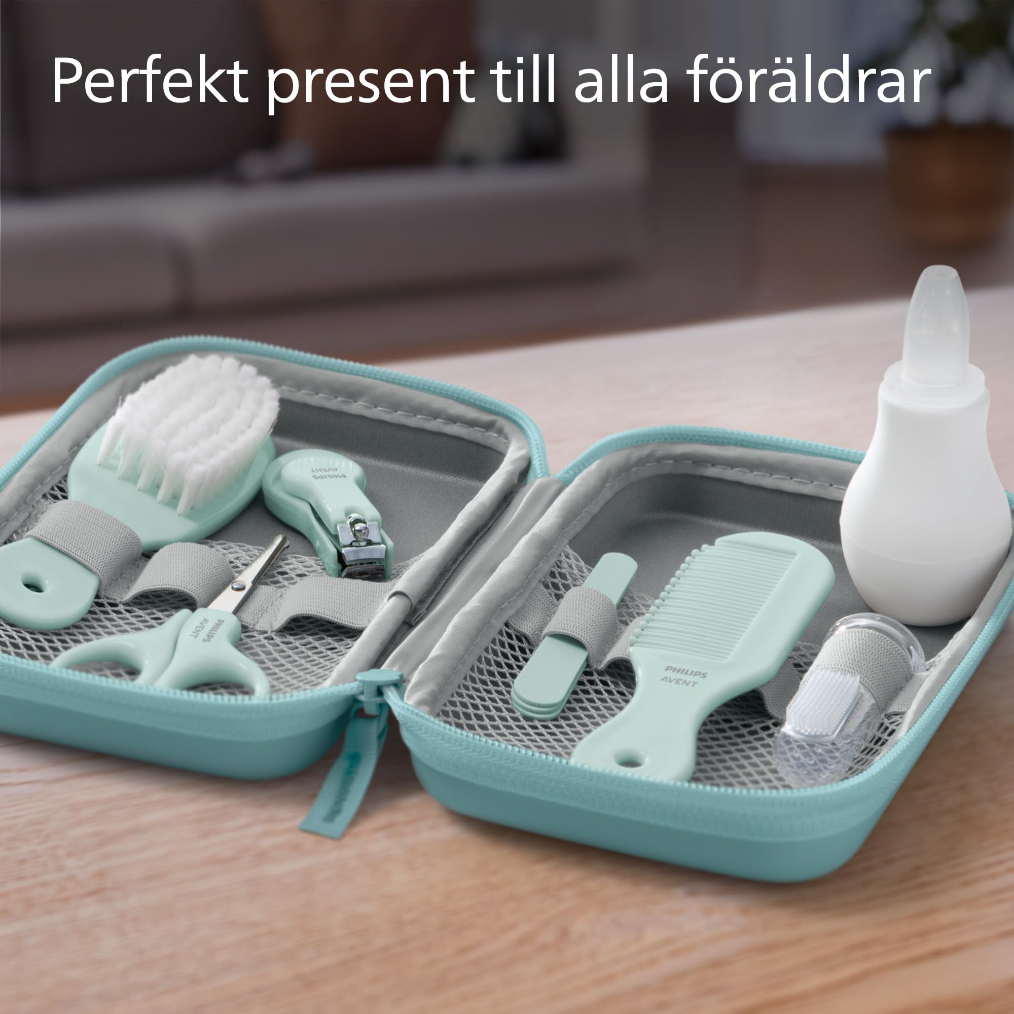Philips Avent babyvårdsset – babyvårdsset med nio tillbehör, nagelklippare, sax, tre nagelfilar, kam, hårborste, nässug och fingertandborste (modell SCH401/00)