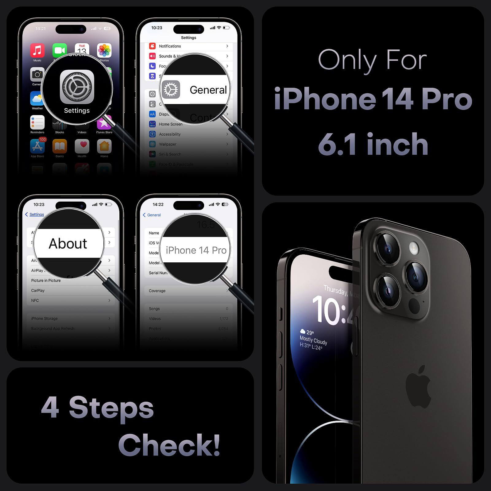 TOCOL Skal för iPhone 14 Pro, Kameraskydd, Integrerad Magnetring, Kompatibel med Magsafe, Fallskydd, Genomskinlig Matt Baksida, Svart Titan