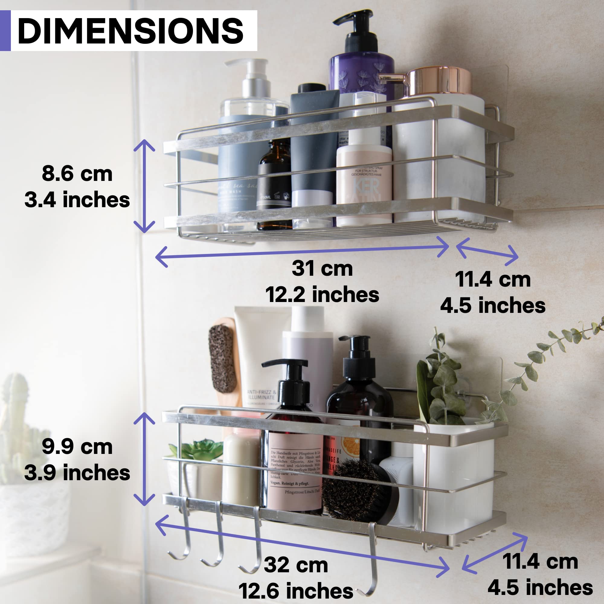 KINCMAX Shower Caddy Basket Shelf Pack of 2 - Adhesive Drill Free Kitchen or Bathroom Organiser Rack - Shower Storage Shelves for Inside Shower - w/Hooks for Accessories