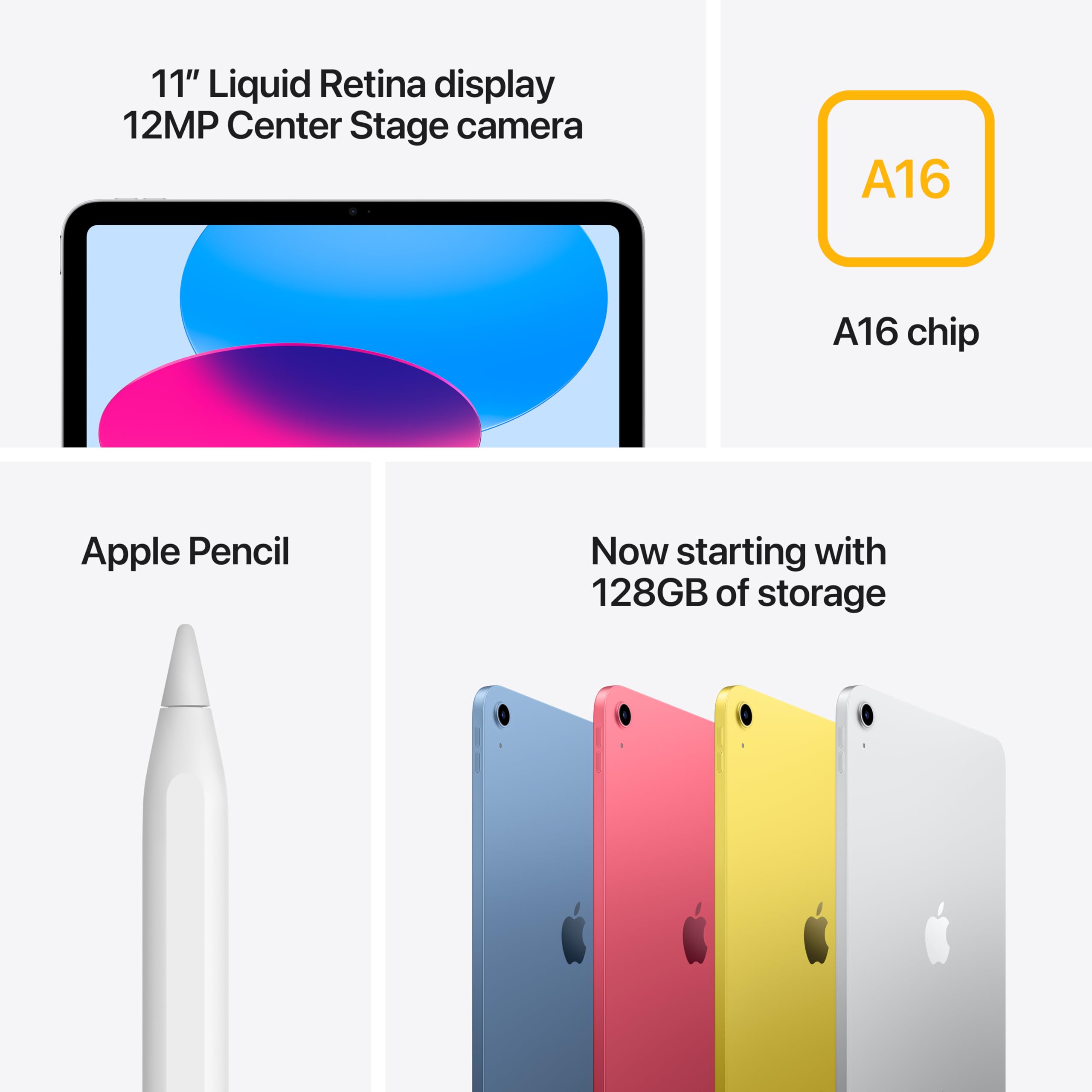 Apple iPad 11 tum: A16-chip, 11 tum, Liquid Retina-skärm, 128 GB, wifi 6, skärmkamera och kamera på baksidan med 12 MP, Touch ID, ett batteri som räcker hela dagen – blå