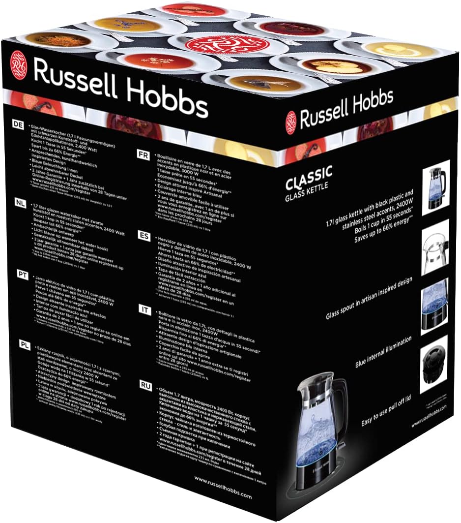 Russell Hobbs Vattenkokare i glas, 1.7l, 2400W, blå LED-belysning, snabbkokningsfunktion, avtagbart lock, perfekt hällpip, 360° bas med sladdförvaring, Classic 26080-70
