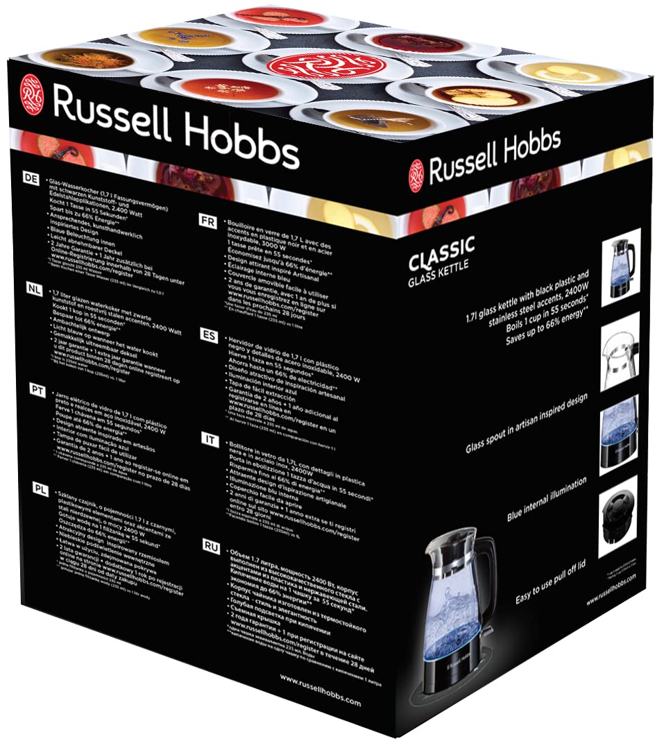 Russell Hobbs Vattenkokare i glas, 1.7l, 2400W, blå LED-belysning, snabbkokningsfunktion, avtagbart lock, perfekt hällpip, 360° bas med sladdförvaring, Classic 26080-70