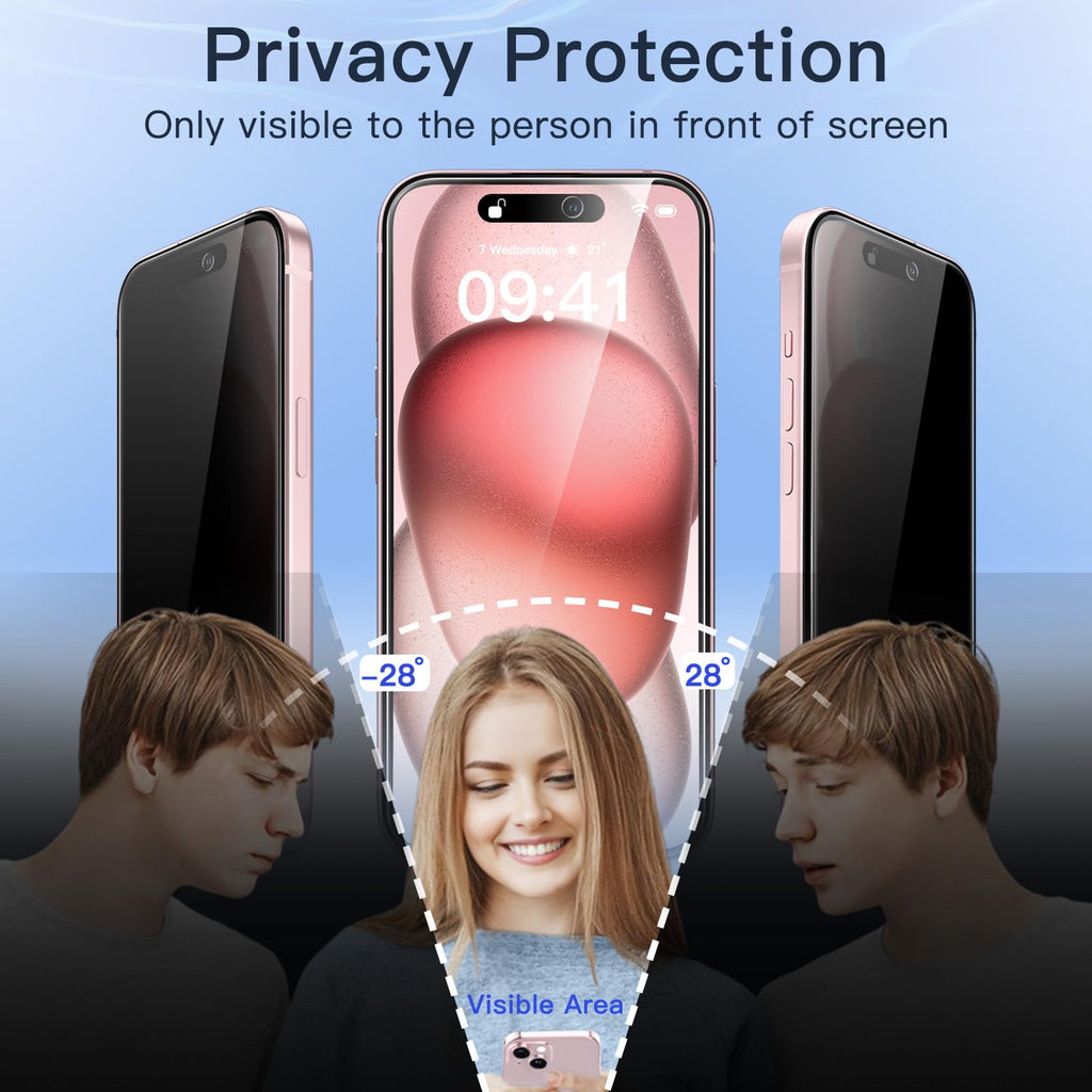JETech Privacy Skärmskydd för iPhone 15 6,1 Tums, Anti-Spion Härdat Glasfilm med Enkelt Installationsverktyg, 2-Pack