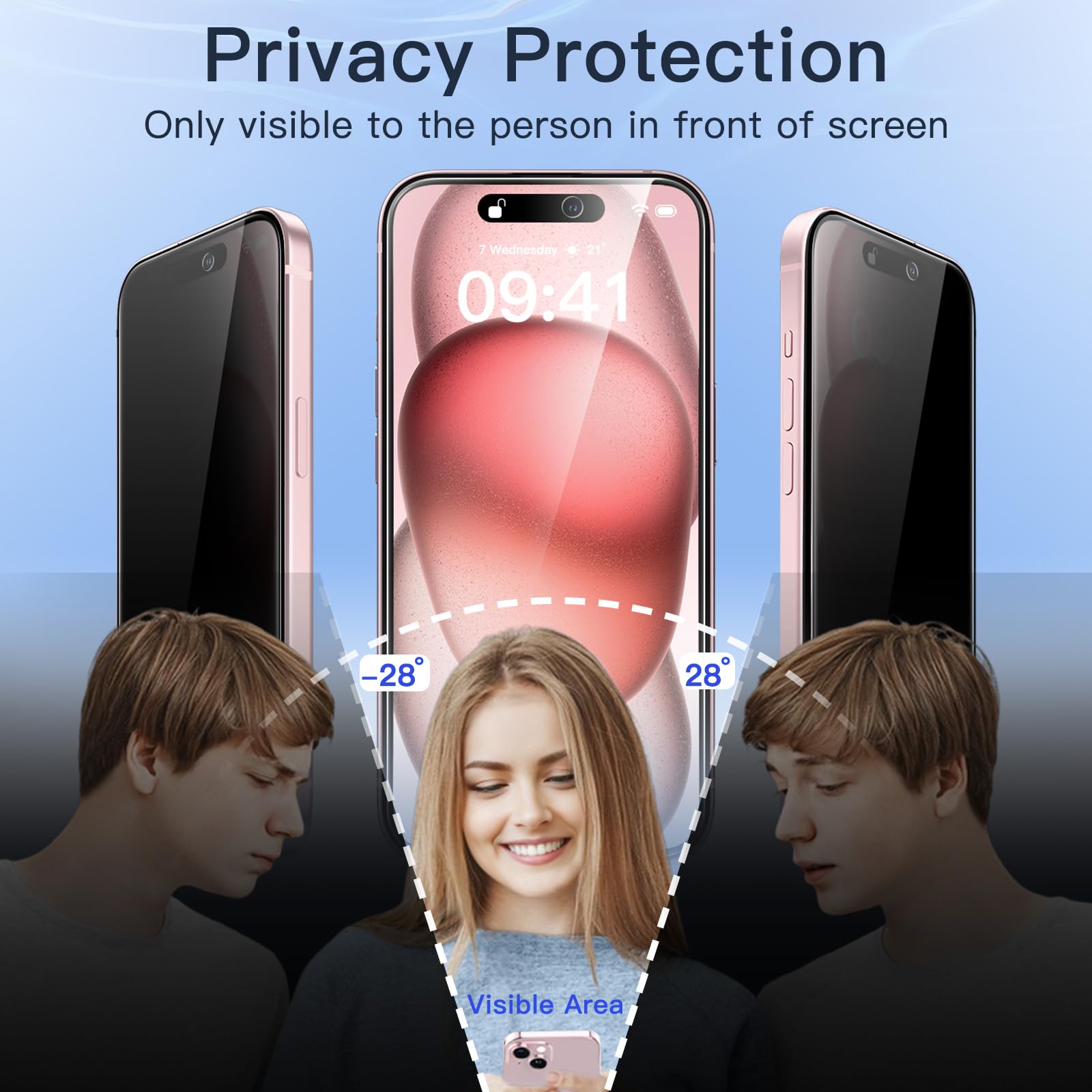 JETech Privacy Skärmskydd för iPhone 15 6,1 Tums, Anti-Spion Härdat Glasfilm med Enkelt Installationsverktyg, 2-Pack