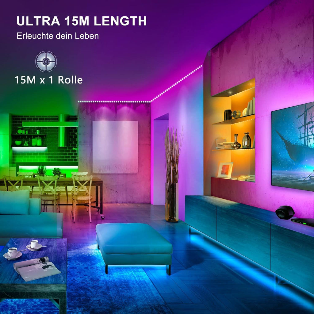 LED-band 15m Bluetooth, RGB-band flerfärgad app-kontroll, band med fjärrkontroll och 44 knappar, synkronisera med musikrytm/minuteringsfunktion, för rum