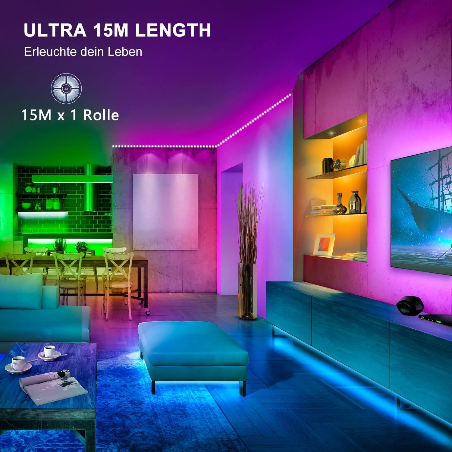 LED-band 15m Bluetooth, RGB-band flerfärgad app-kontroll, band med fjärrkontroll och 44 knappar, synkronisera med musikrytm/minuteringsfunktion, för rum
