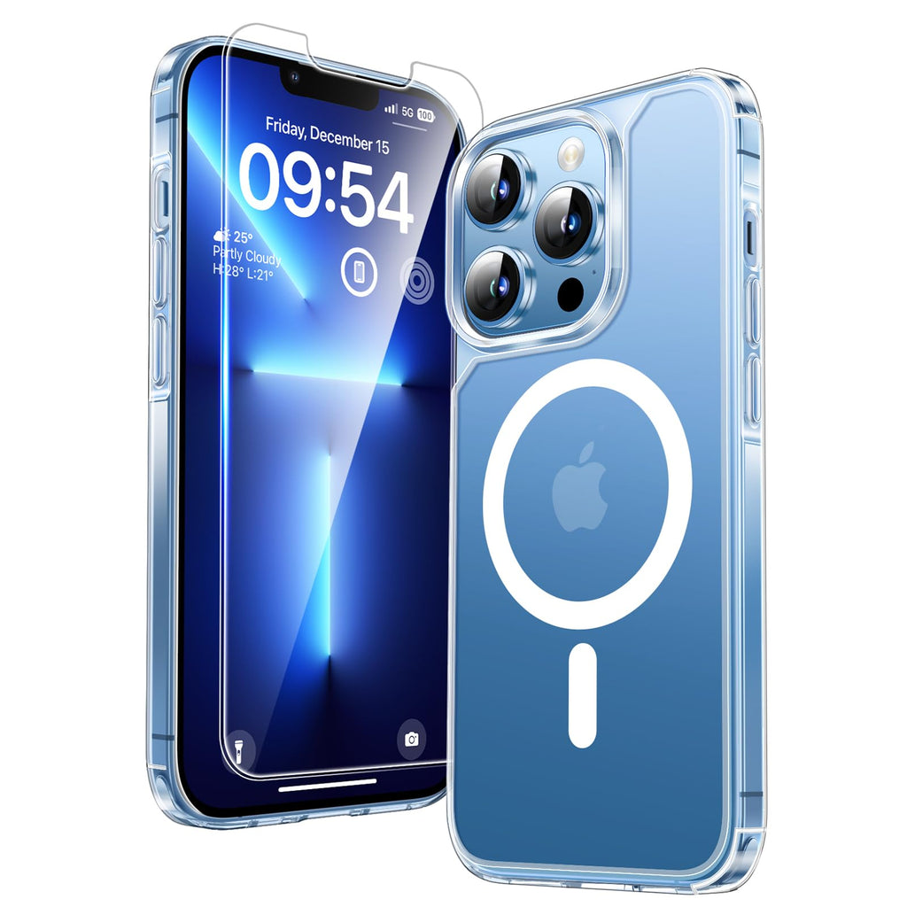 TAURI för iPhone 13 Pro Skal 6.1-Tum med Härdat Glas Skärmskydd, Kompatibelt med MagSafe, Militär kvalitet, [Icke-Gulning] Magnetisk Mobilskal Case - Klar