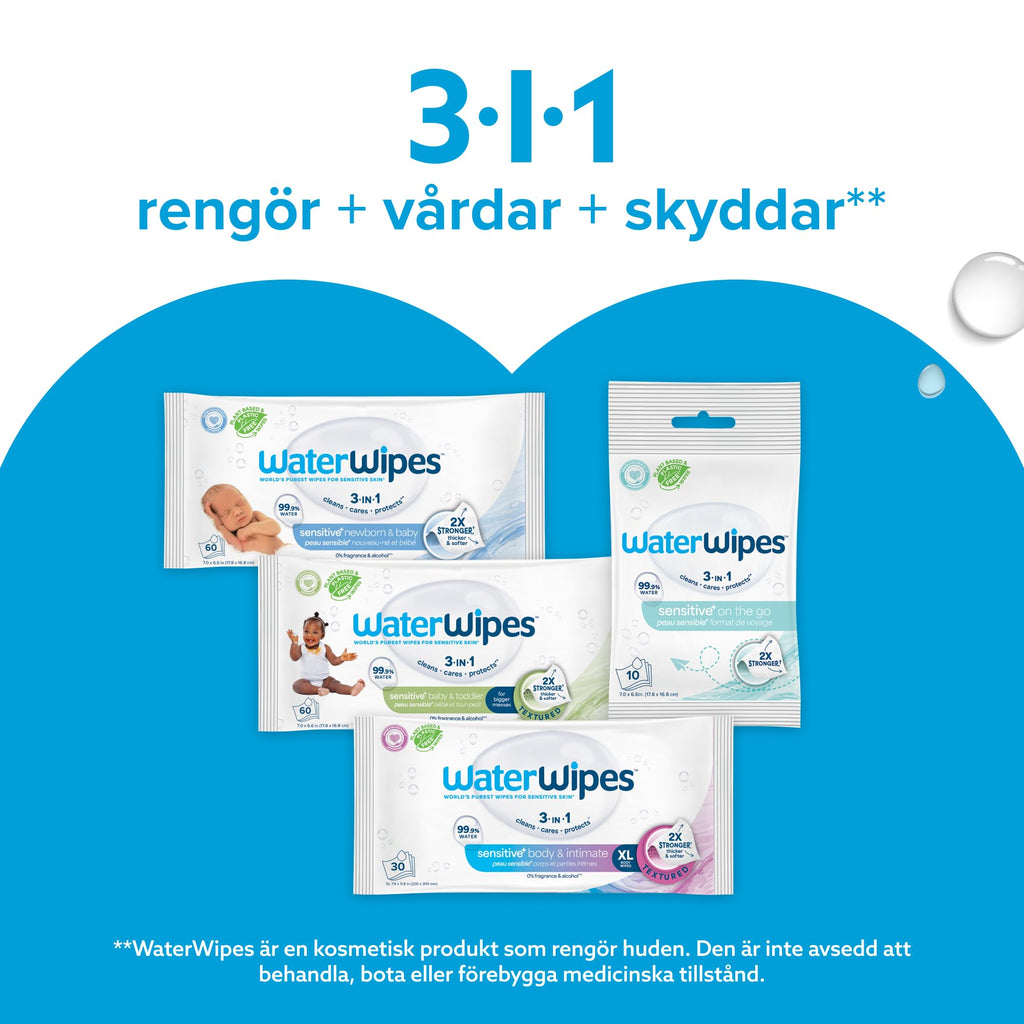 WaterWipes Sensitive+ Newborn & Baby Wipes, Våtservetter för nyfödda och spädbarn, 720 st (12-pack), 3-i-1 rengör, vårdar och skyddar, 99,9% vatten, oparfymerade