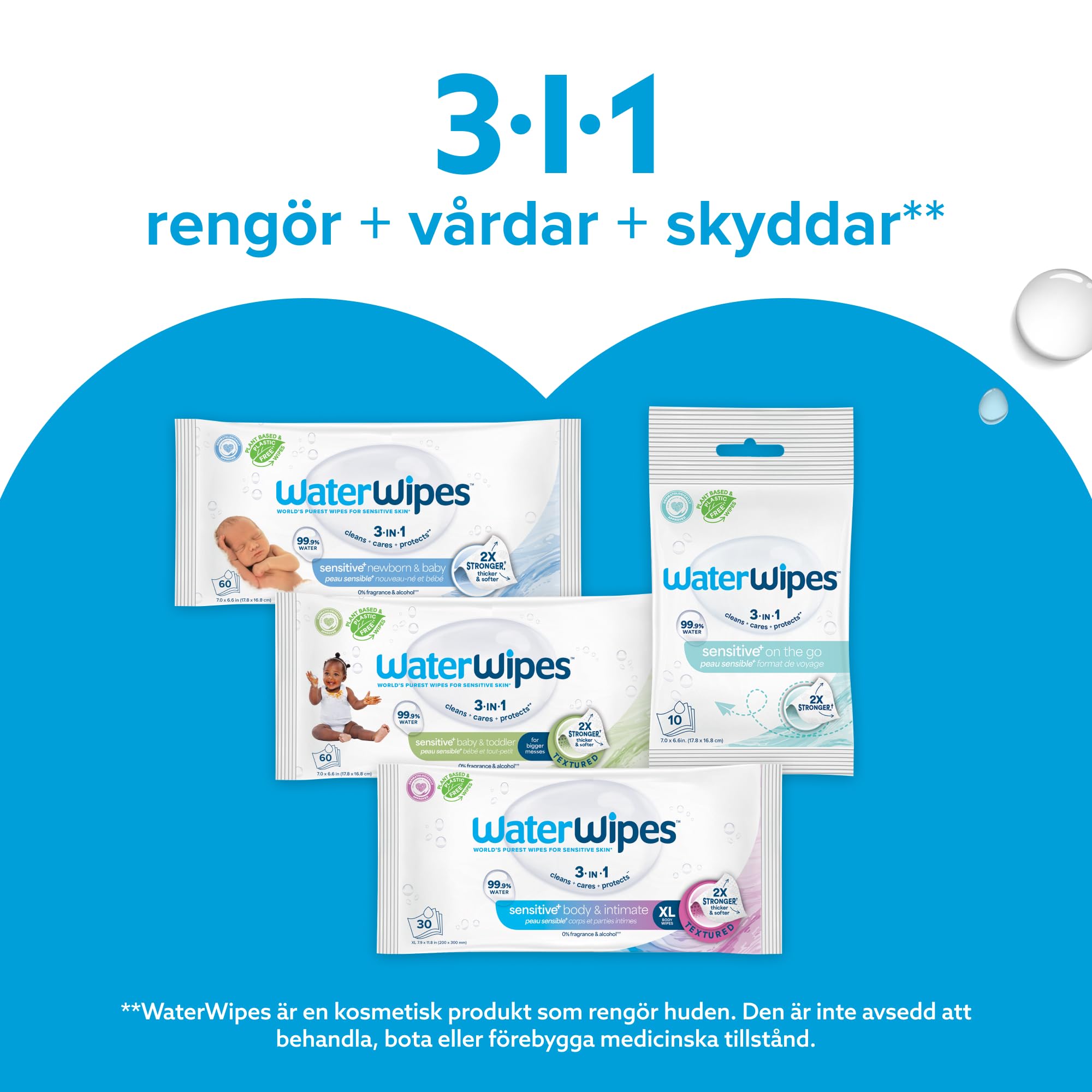 WaterWipes Sensitive+ Newborn & Baby Wipes, Våtservetter för nyfödda och spädbarn, 720 st (12-pack), 3-i-1 rengör, vårdar och skyddar, 99,9% vatten, oparfymerade