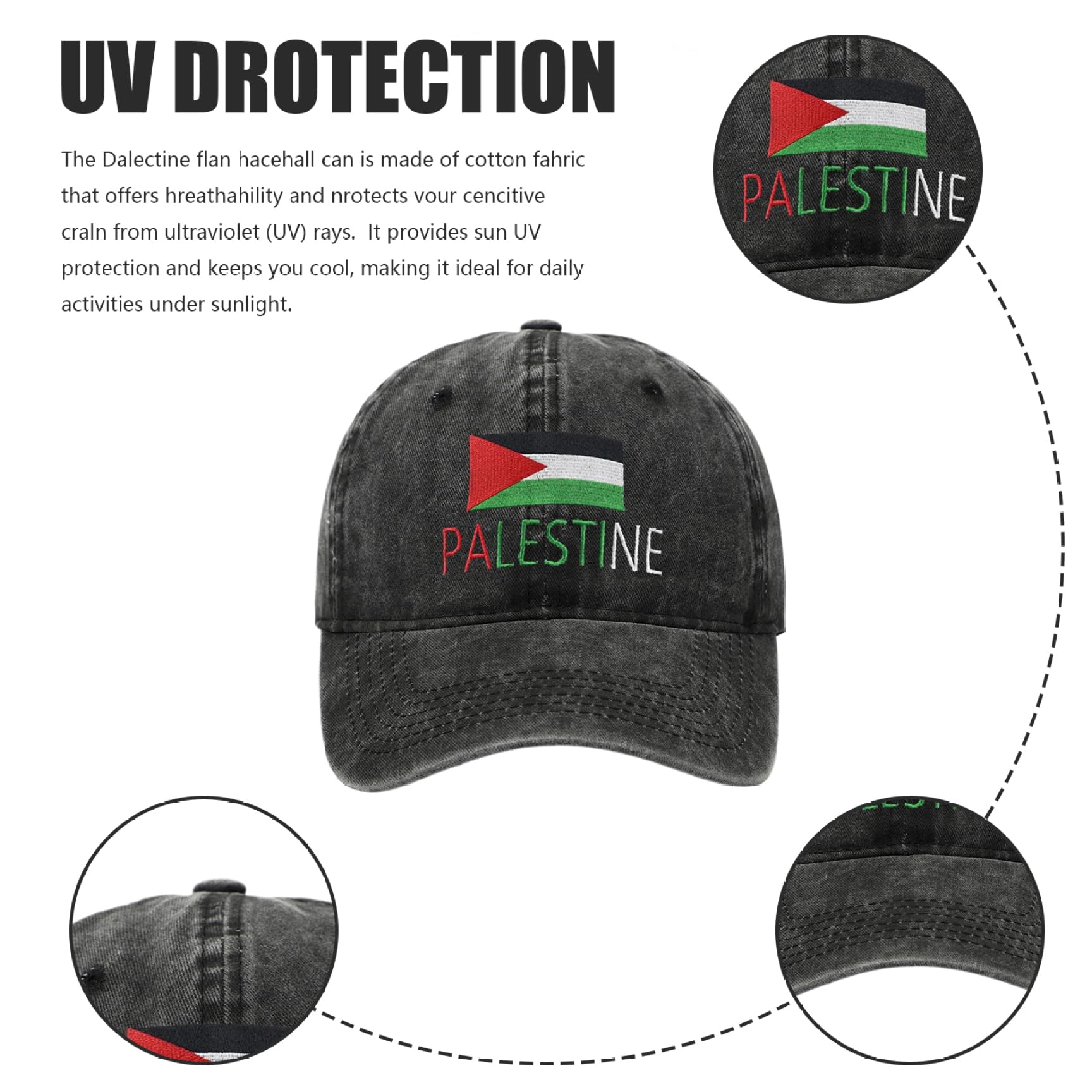 Palestina hatt solskydd justerbar fri palestina hatt mjuk och andningsbar broderad bomull palestina flagga basebollkeps bekväm att bära vanliga hattar för män