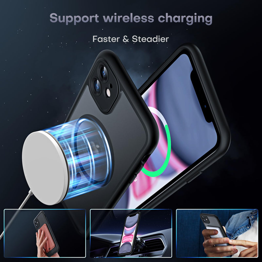 TOCOL Skal för iPhone 11, Kameraskydd, Integrerad Magnetring, Kompatibel med Magsafe, Fallskydd, Genomskinlig Matt Baksida, Svart Titan