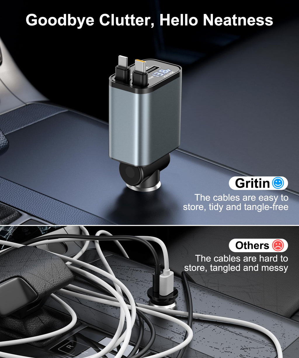 Gritin Infällbar Billaddare, 69W Supersnabb 4-i-1 USB C Billaddaradapter med Smart Enhet - Adaptiv Laddningsteknik och Omedelbar Spänningsdisplay, Tillbehör för iPhone 16 15, iPad, Android etc.