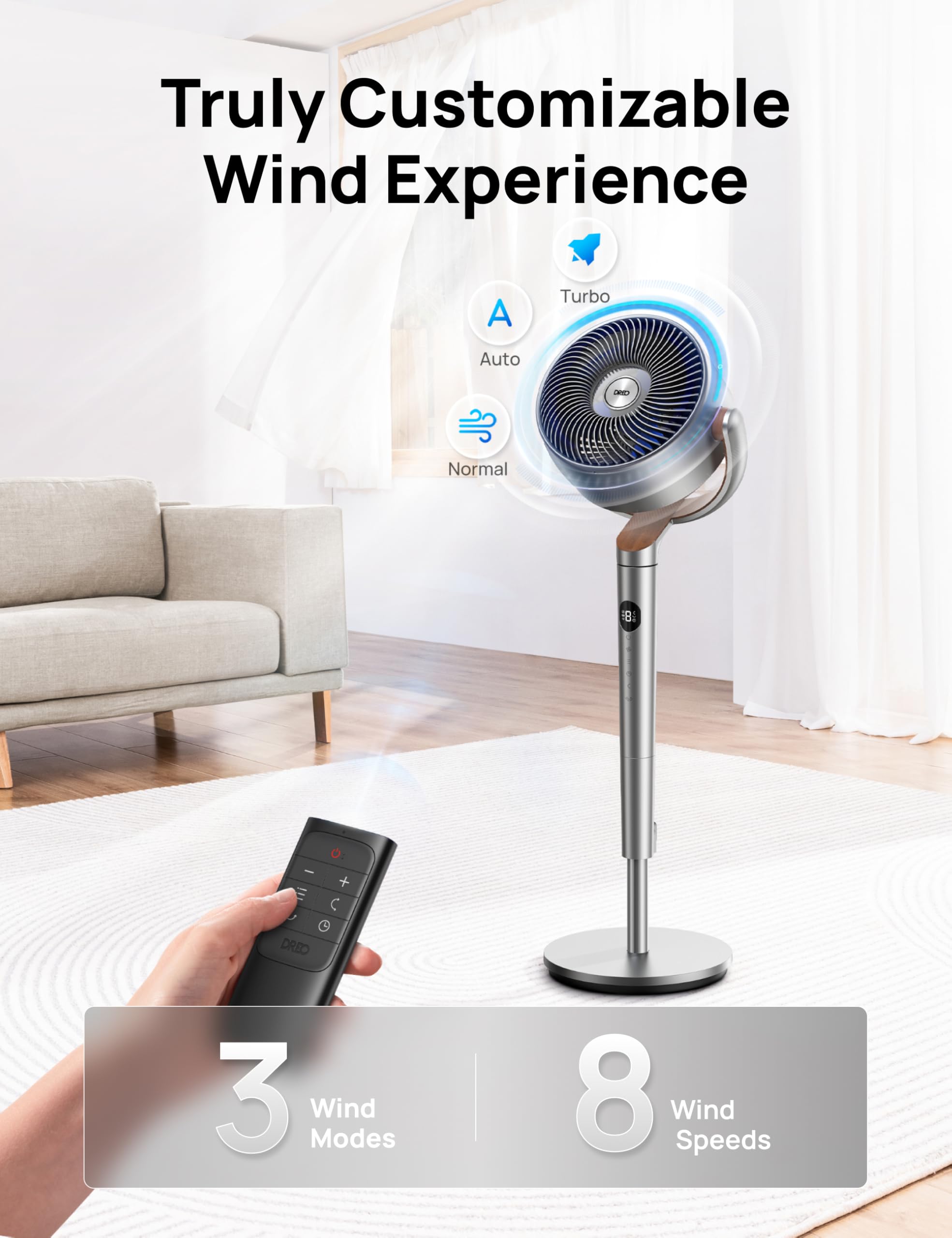 Dreo 23dB stillastående ventilator, 120°+120° omnidirektionell oscillerende ventilator, 24 m vindstång, 1200 m³/h luchtvolume, tysta stående fans, 102 cm hoogte, 3 modi, 8 snelheden, PolyFan 502