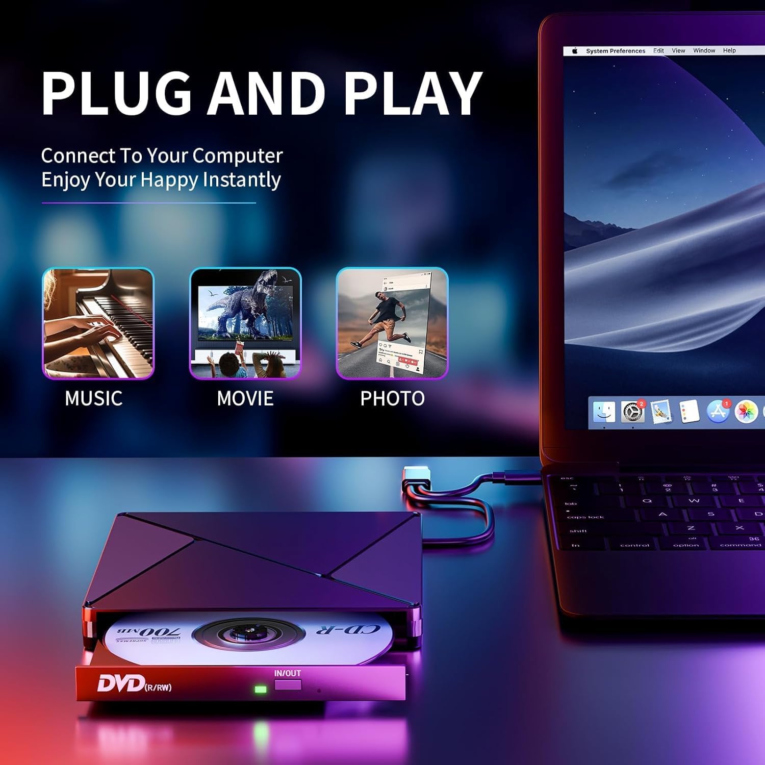 Extern CD DVD-enhet, USB 3,0 och USB-C CD/DVD-enhet, extern CD DVD +/-RW ROM brännare optisk extern DVD-enhet för bärbar dator, PC, stationär dator, MacBook, iMac, Windows 11/10/8/7/XP/Linux/MacOS