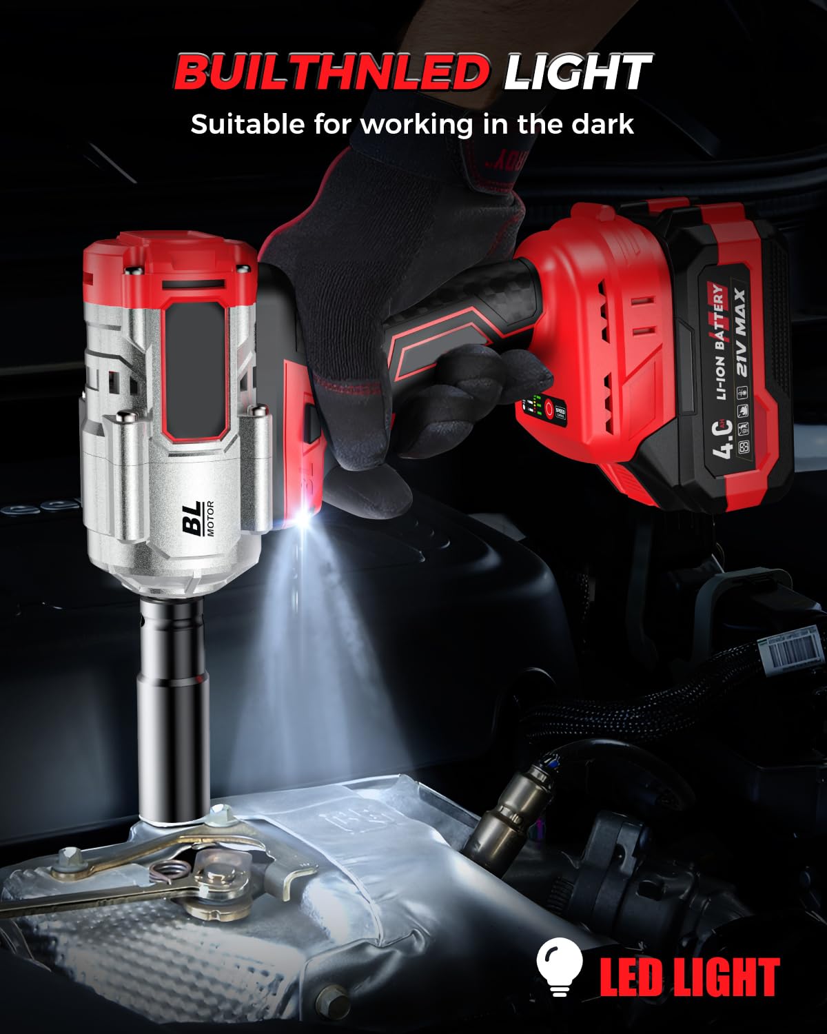 XIAZIR Batteridriven slagnyckel 1200 Nm, 21V 4.0Ah×2 batterier + snabbladdare, 3 hastigheter + LED-lampa, inkl. 5 hylsor + förlängningsstång + väska, för bil, bygg och DIY