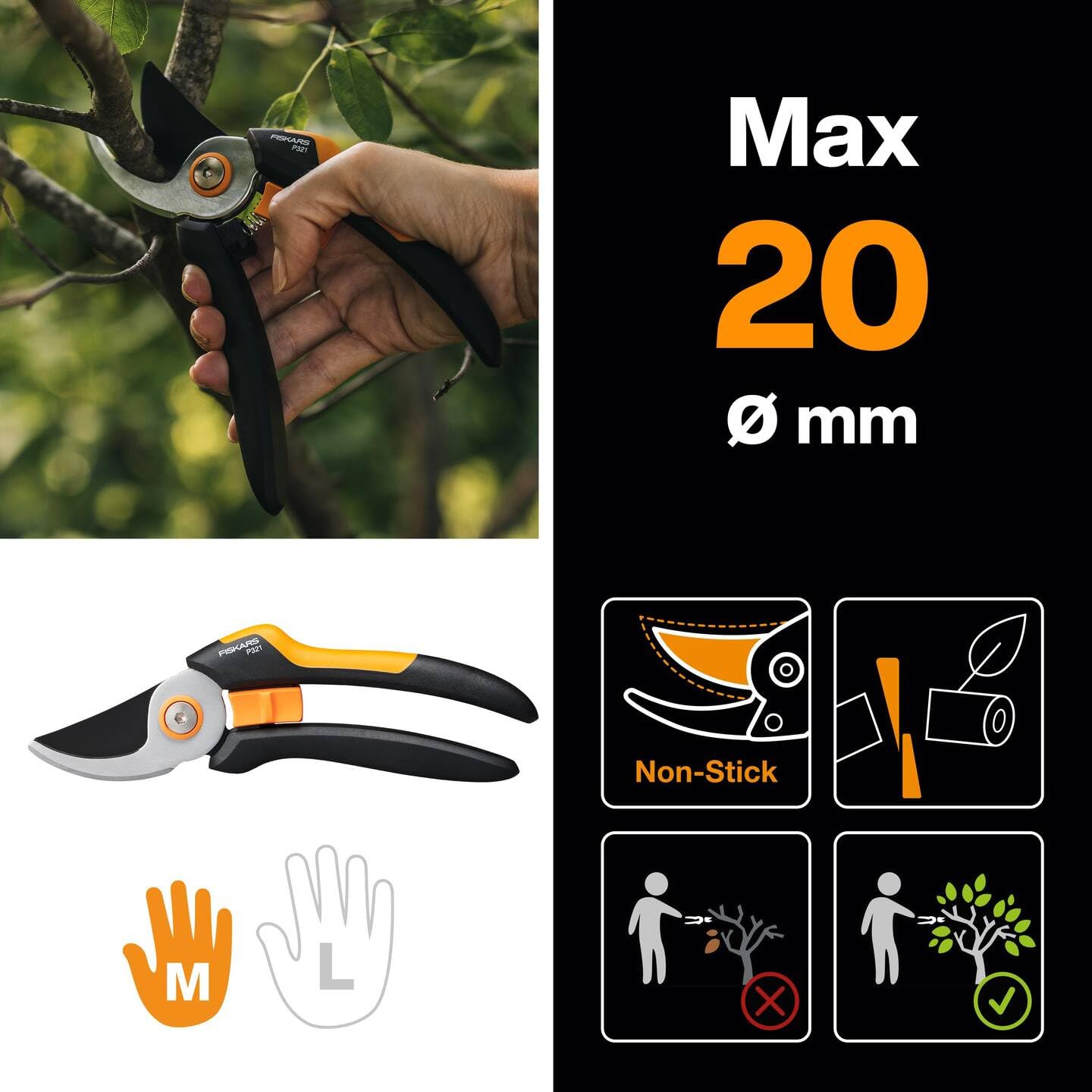 Fiskars Sekatör med sidoskär M, Solid, P321, För färska grenar och kvistar, Non stick-beläggning, Med blad av rostfritt stål, Längd: 20,1 cm, Svart/Orange, 1057162