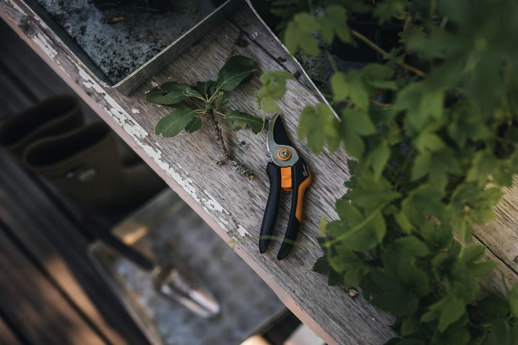 Fiskars Sekatör med sidoskär M, Solid, P321, För färska grenar och kvistar, Non stick-beläggning, Med blad av rostfritt stål, Längd: 20,1 cm, Svart/Orange, 1057162