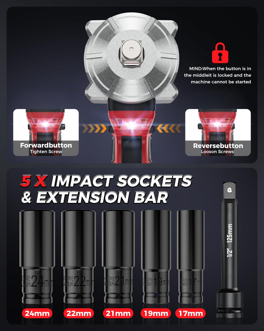 XIAZIR Batteridriven slagnyckel 1200 Nm, 21V 4.0Ah×2 batterier + snabbladdare, 3 hastigheter + LED-lampa, inkl. 5 hylsor + förlängningsstång + väska, för bil, bygg och DIY