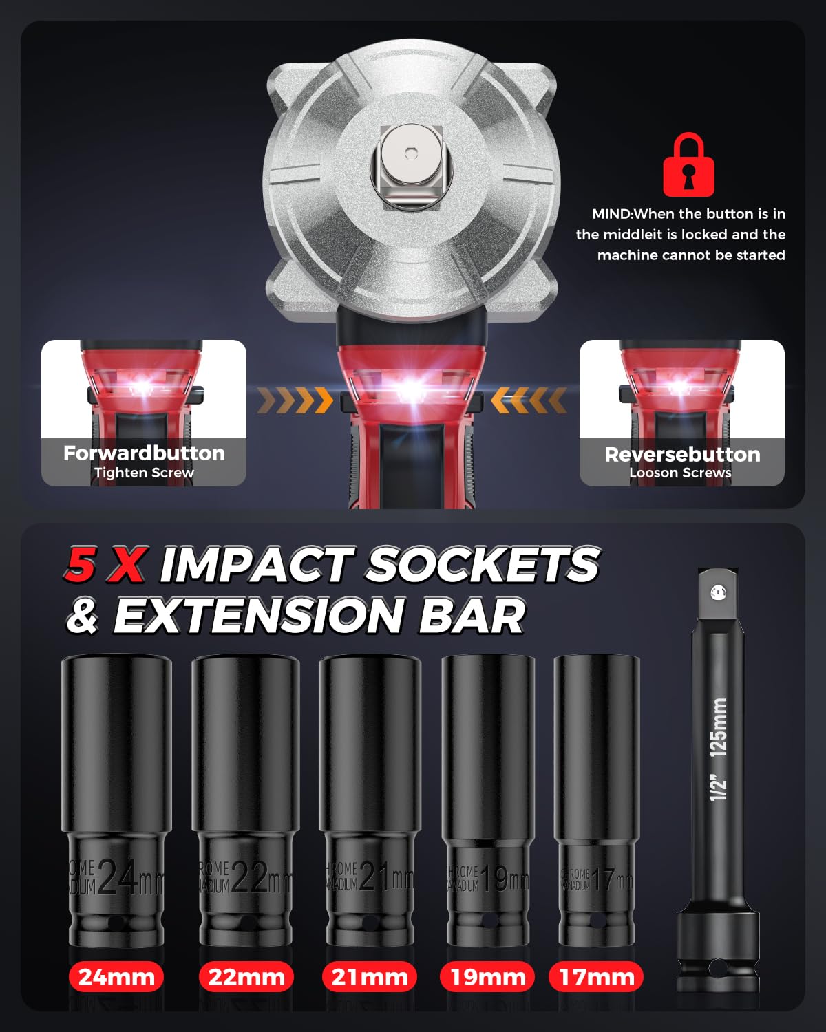 XIAZIR Batteridriven slagnyckel 1200 Nm, 21V 4.0Ah×2 batterier + snabbladdare, 3 hastigheter + LED-lampa, inkl. 5 hylsor + förlängningsstång + väska, för bil, bygg och DIY