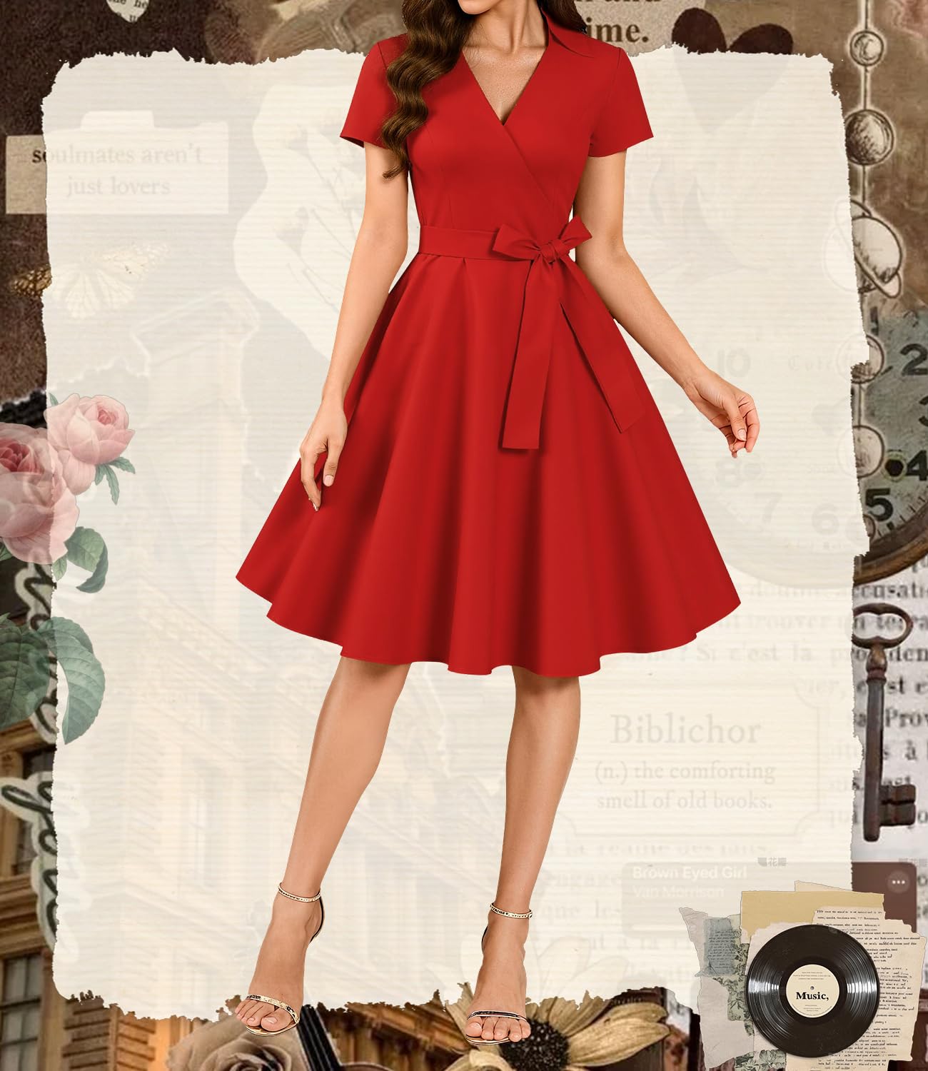 klänning 50-talet Audrey Hepburn Rockabilly Swing, veckad kortärmad klänning