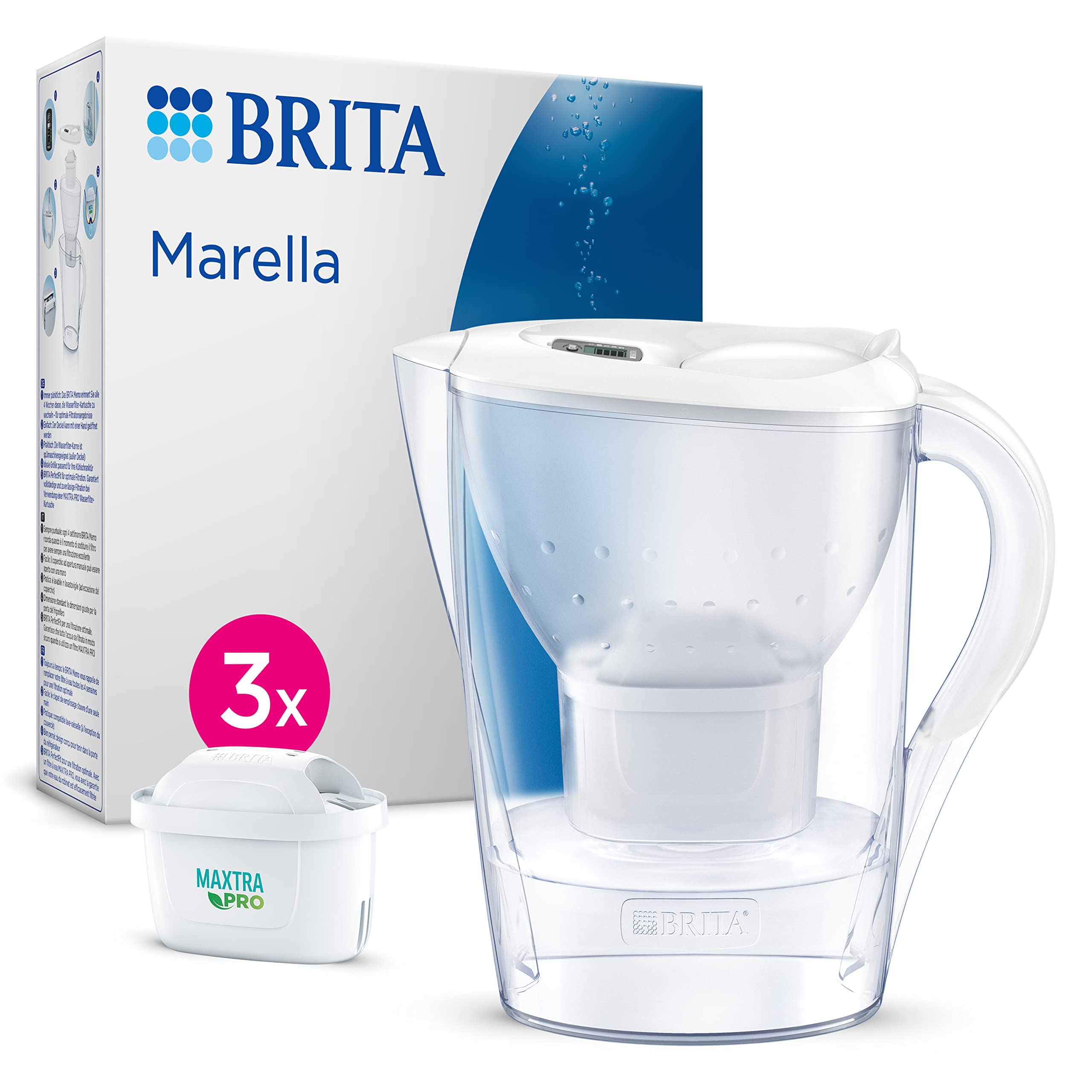 BRITA Vit Marella filterkanna (2,4 l) inkl. 3 patroner vattenfilter kran MAXTRA PRO All-in-1 reducerad PFAS,kalksten, klor, vissa föroreningar och metaller tidsindikator, miljöförpackning