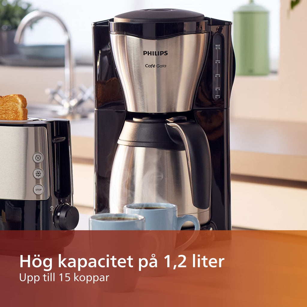 Philips Café Gaia Kaffebryggare - Termoskanna i rostfritt stål, Håller värmen i 2 timmar, Automatisk avstängning, Droppstopp, Smart lås, 1,3 l kapacitet, Vattennivåmätare (HD7546/20)